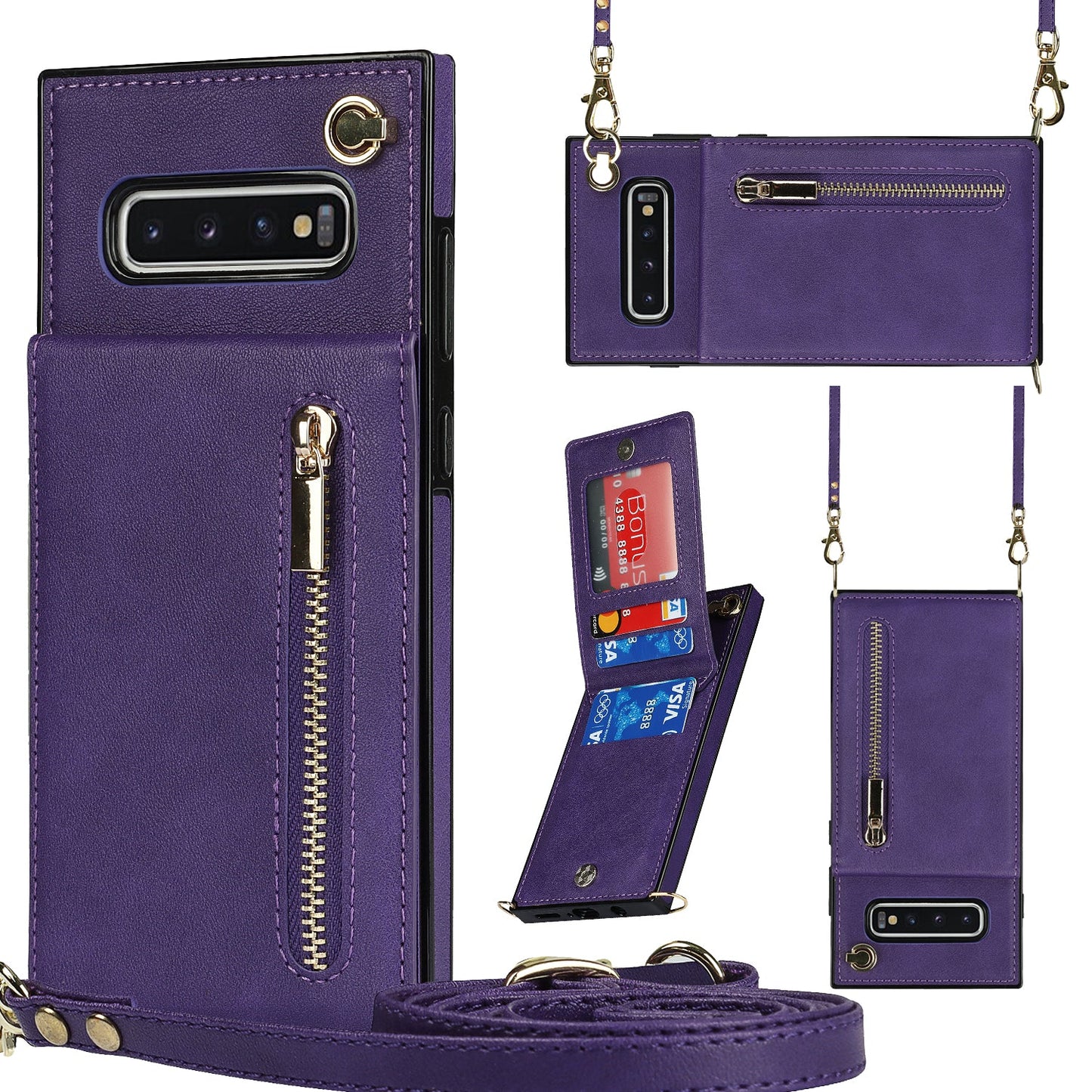 Nouvel étui de téléphone portefeuille à fermeture éclair bandoulière pour Samsung S10