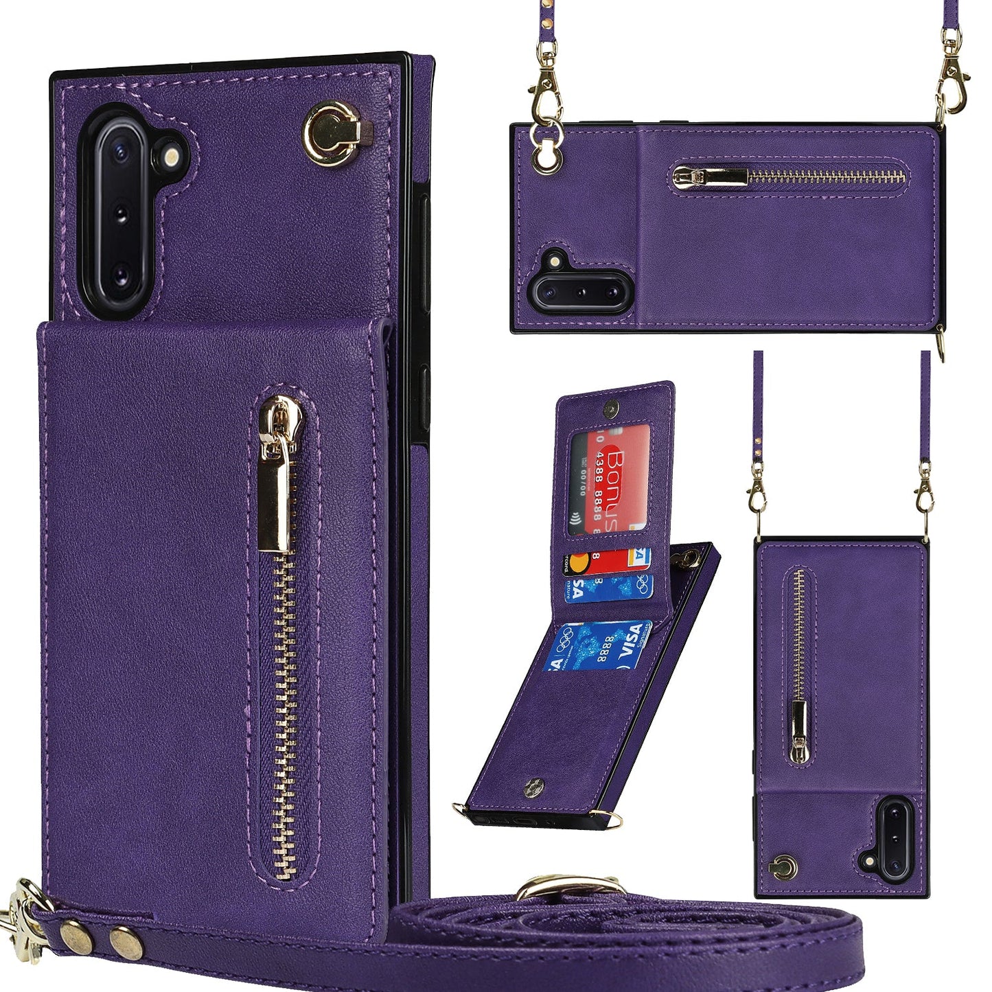 Nouvel étui de téléphone portefeuille à fermeture éclair en bandoulière pour Samsung Note10