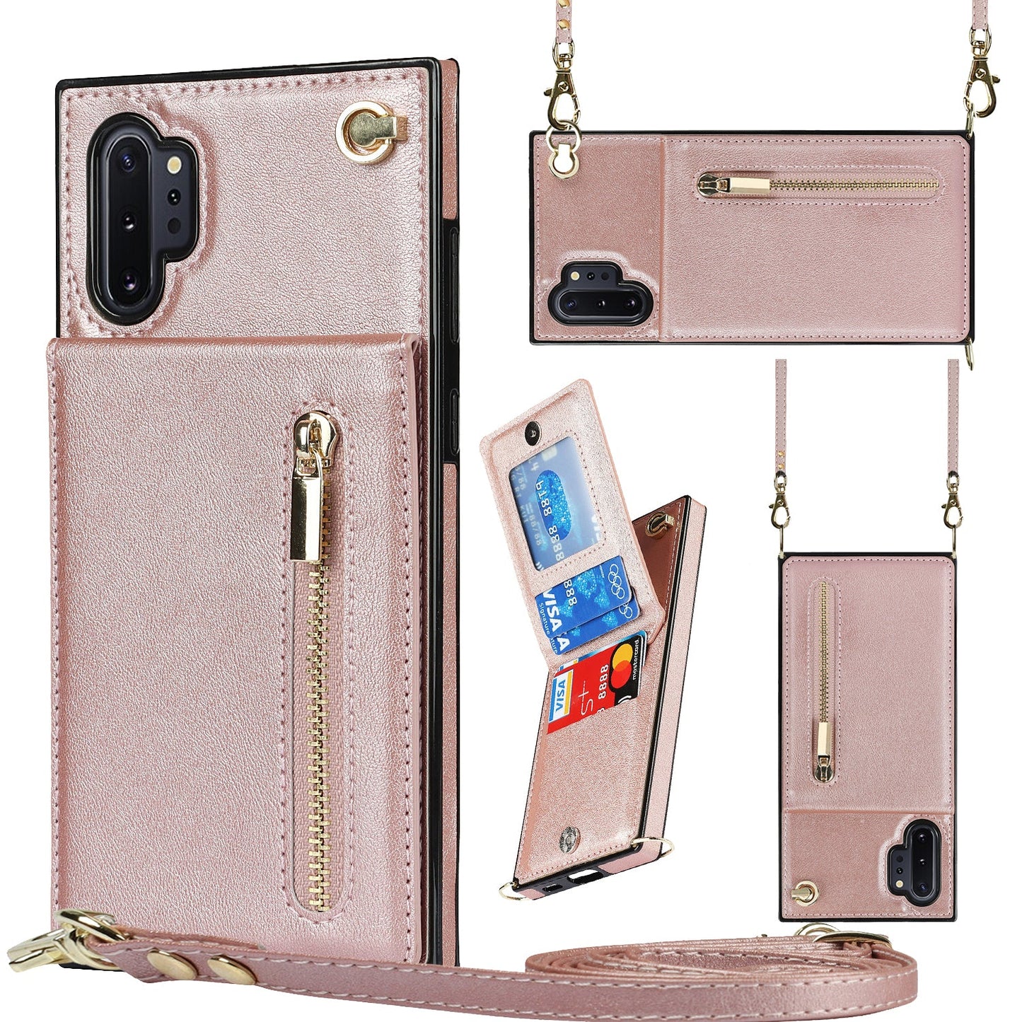 Nouvel étui de téléphone portefeuille à fermeture éclair bandoulière pour Samsung Note10 Plus