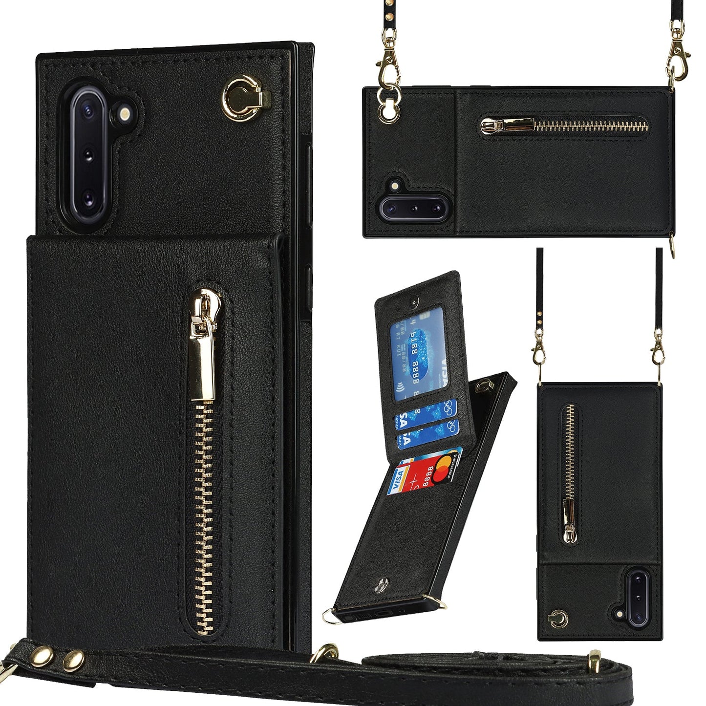 Nouvel étui de téléphone portefeuille à fermeture éclair en bandoulière pour Samsung Note10