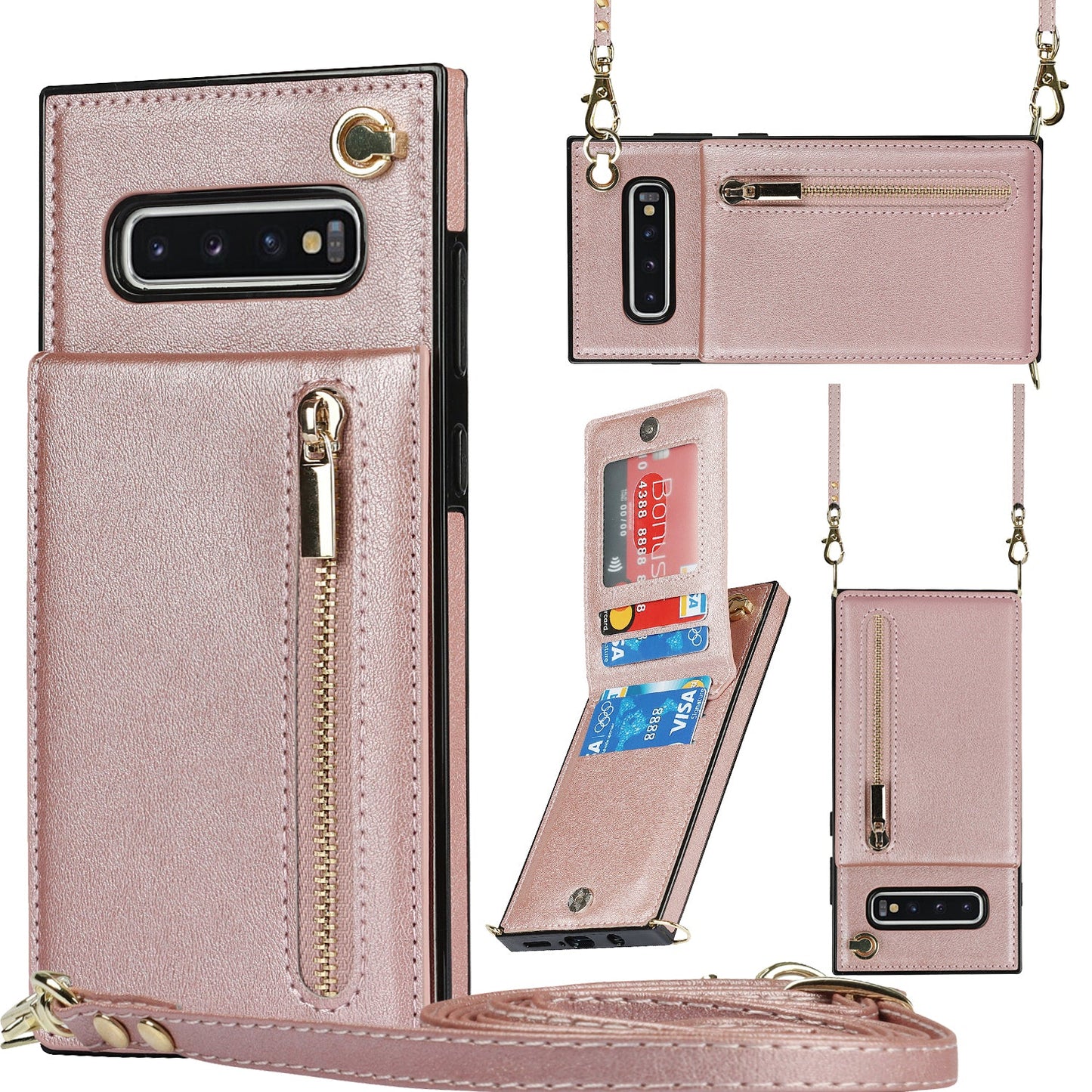 Nouvel étui de téléphone portefeuille à fermeture éclair bandoulière pour Samsung S10