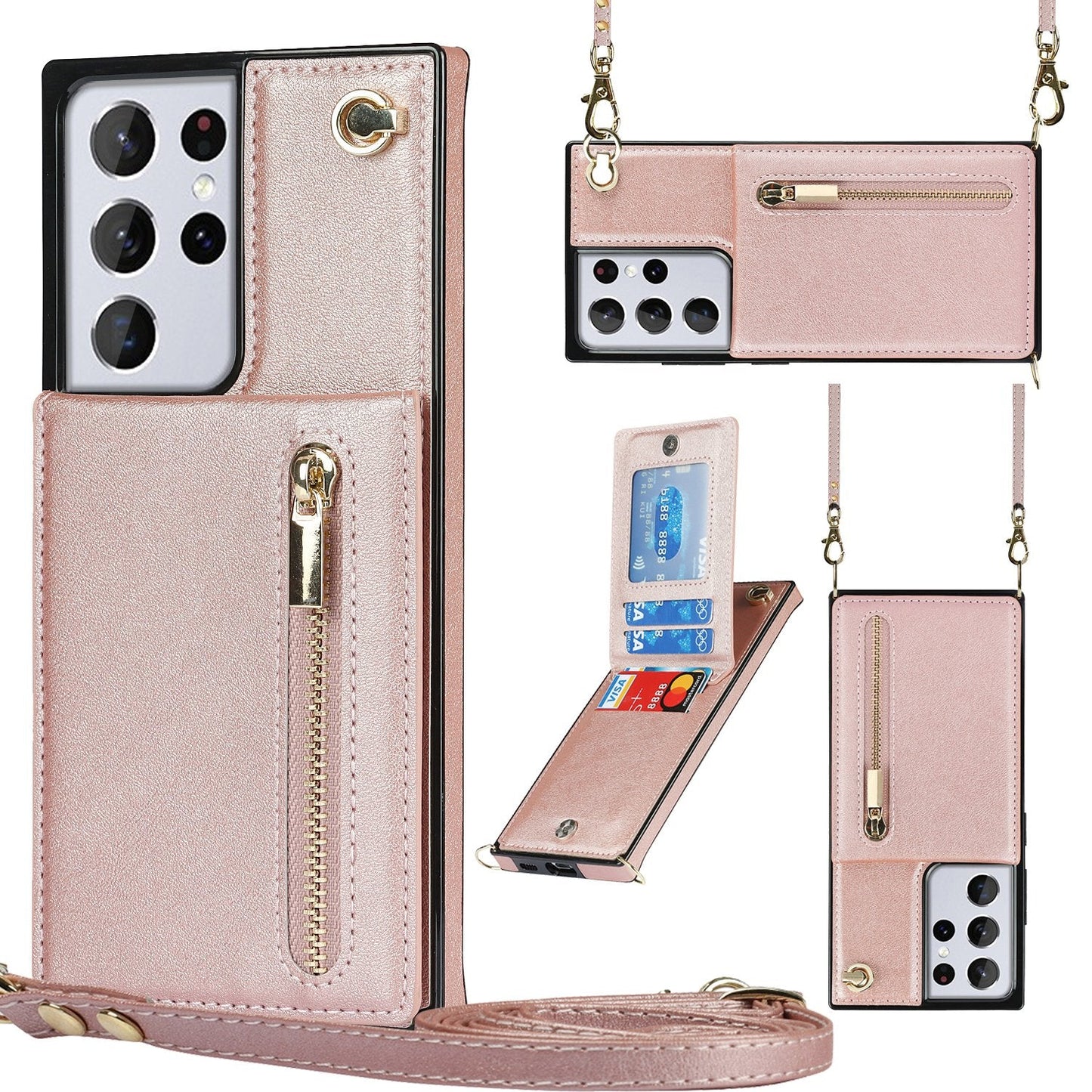 Neue Umhänge-Reißverschluss-Brieftaschen-Handyhülle für die Samsung S21 Serie