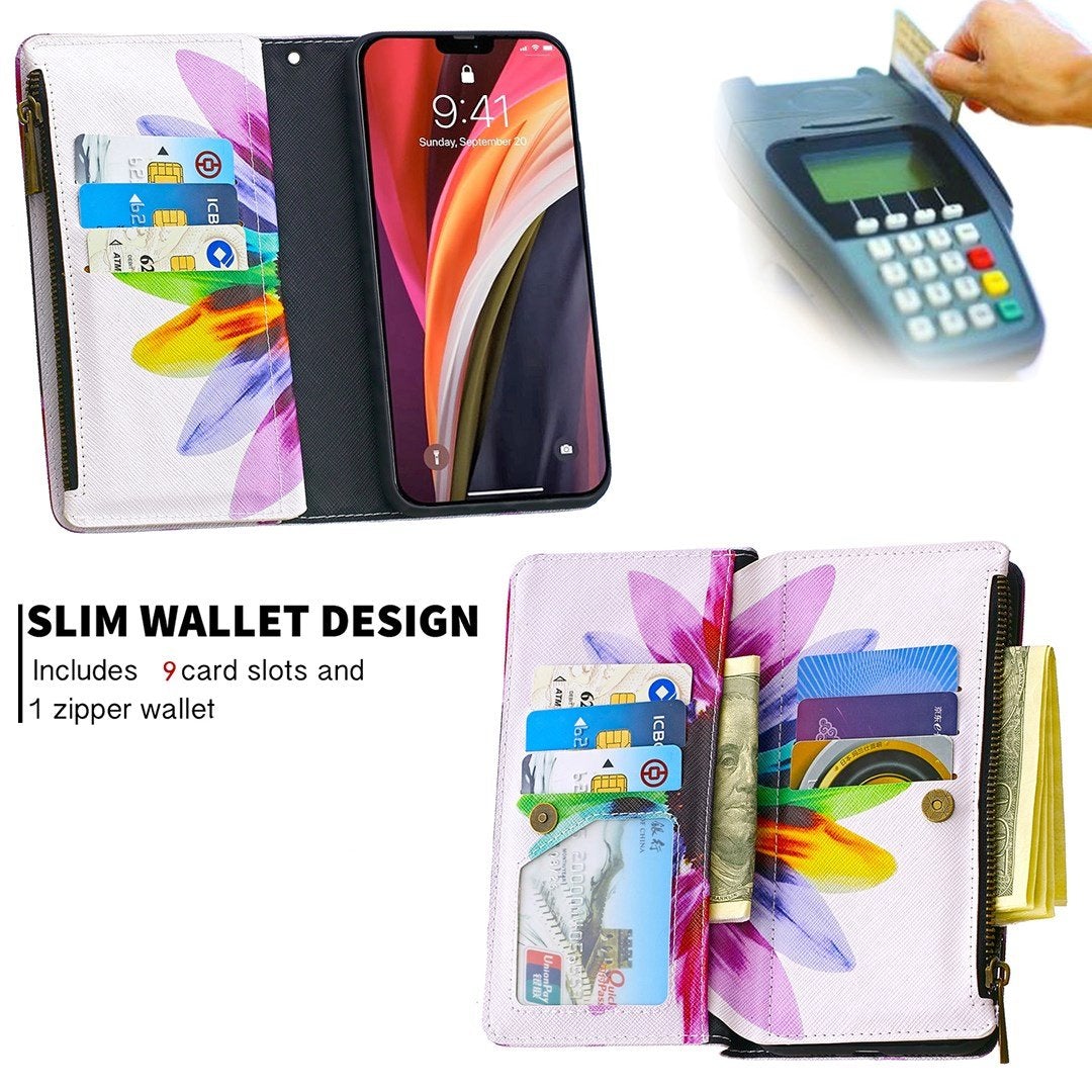 Große Kapazität Bemalte Reißverschluss-Ledertasche für iPhone 13 Serie