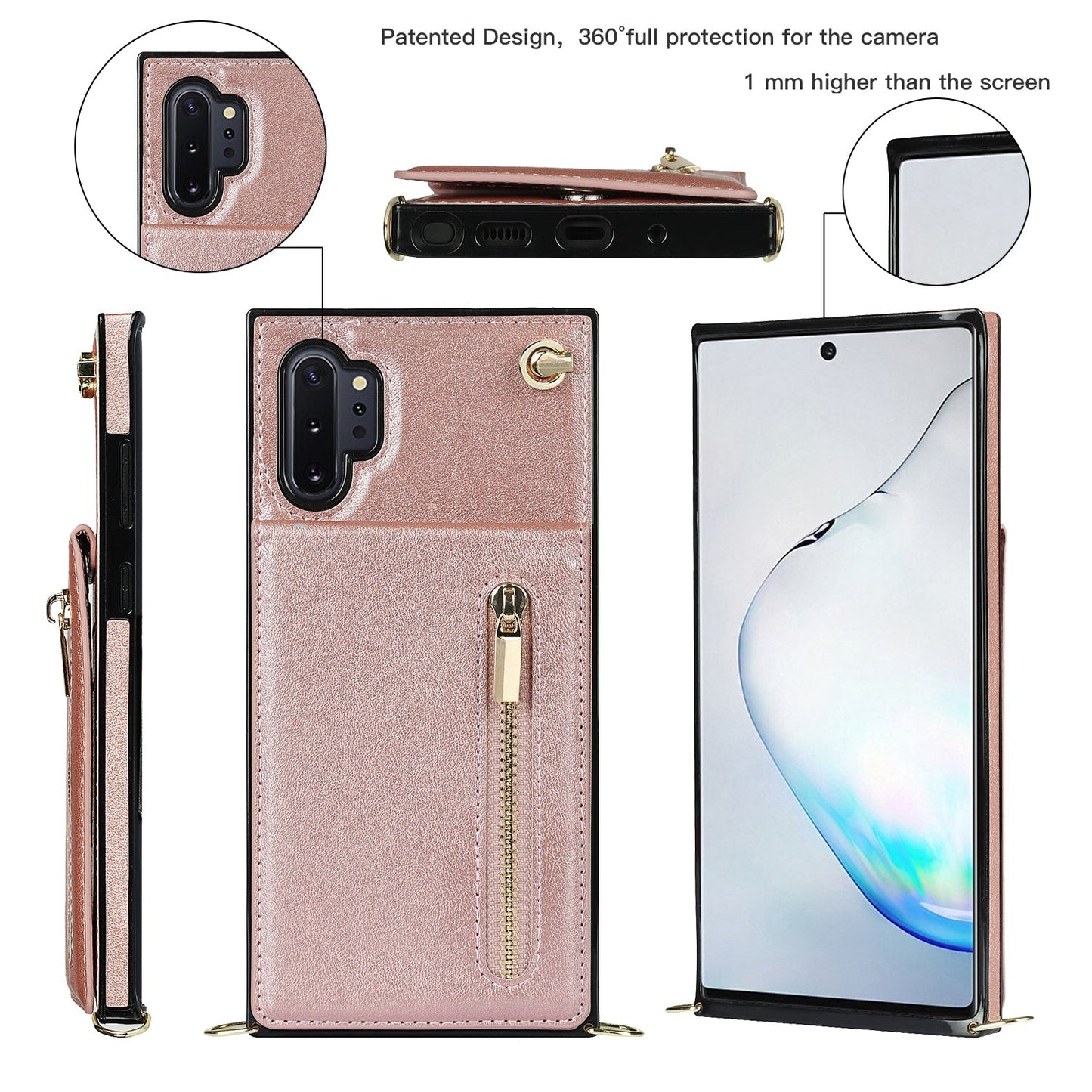 Nouvel étui de téléphone portefeuille à fermeture éclair bandoulière pour Samsung Note10 Plus