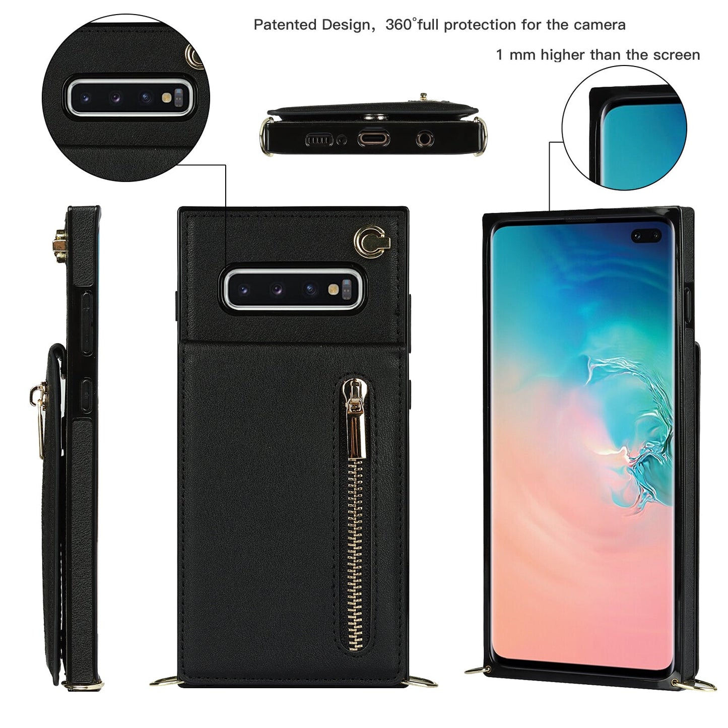 Nouvel étui de téléphone portefeuille à fermeture éclair bandoulière pour Samsung S10