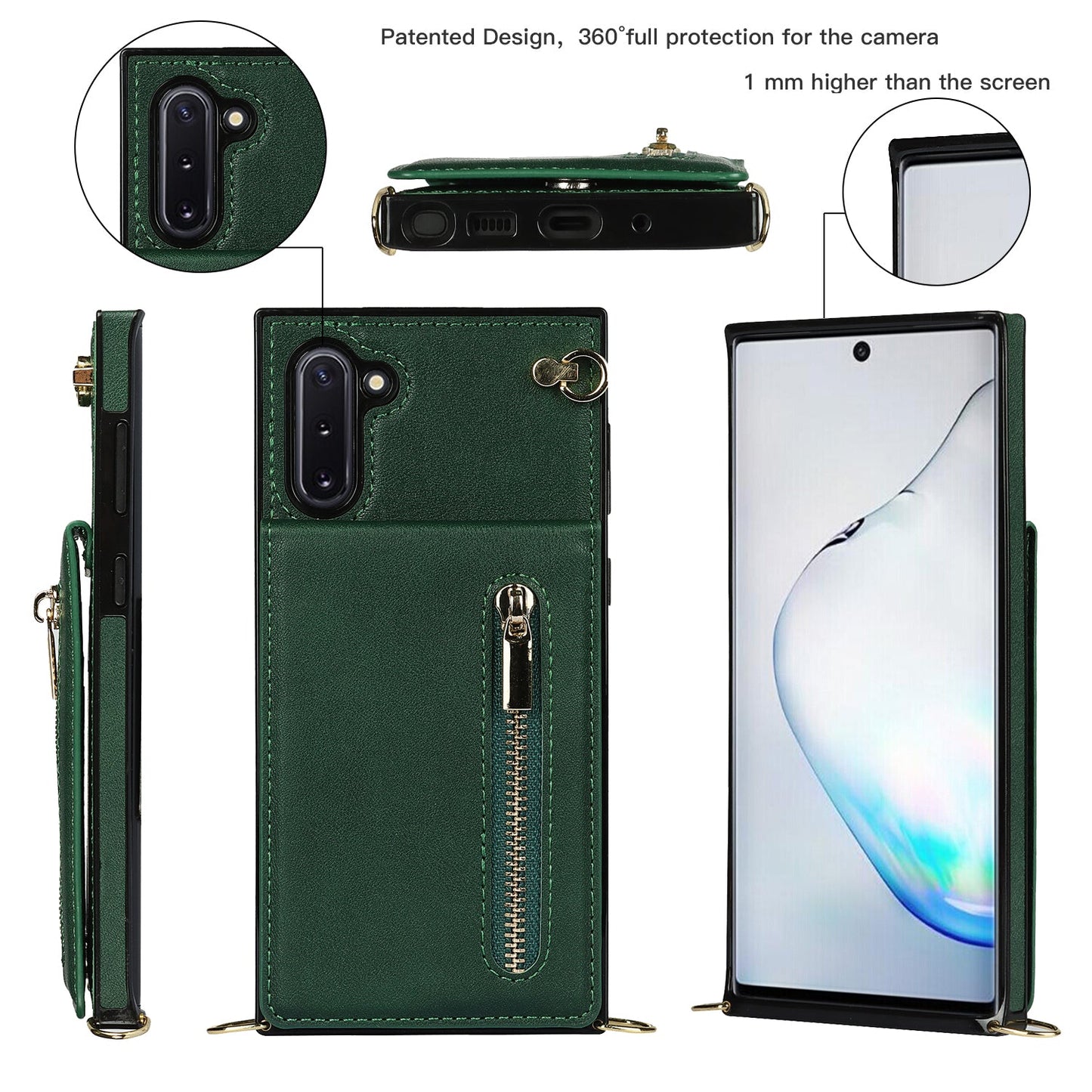 Nouvel étui de téléphone portefeuille à fermeture éclair en bandoulière pour Samsung Note10