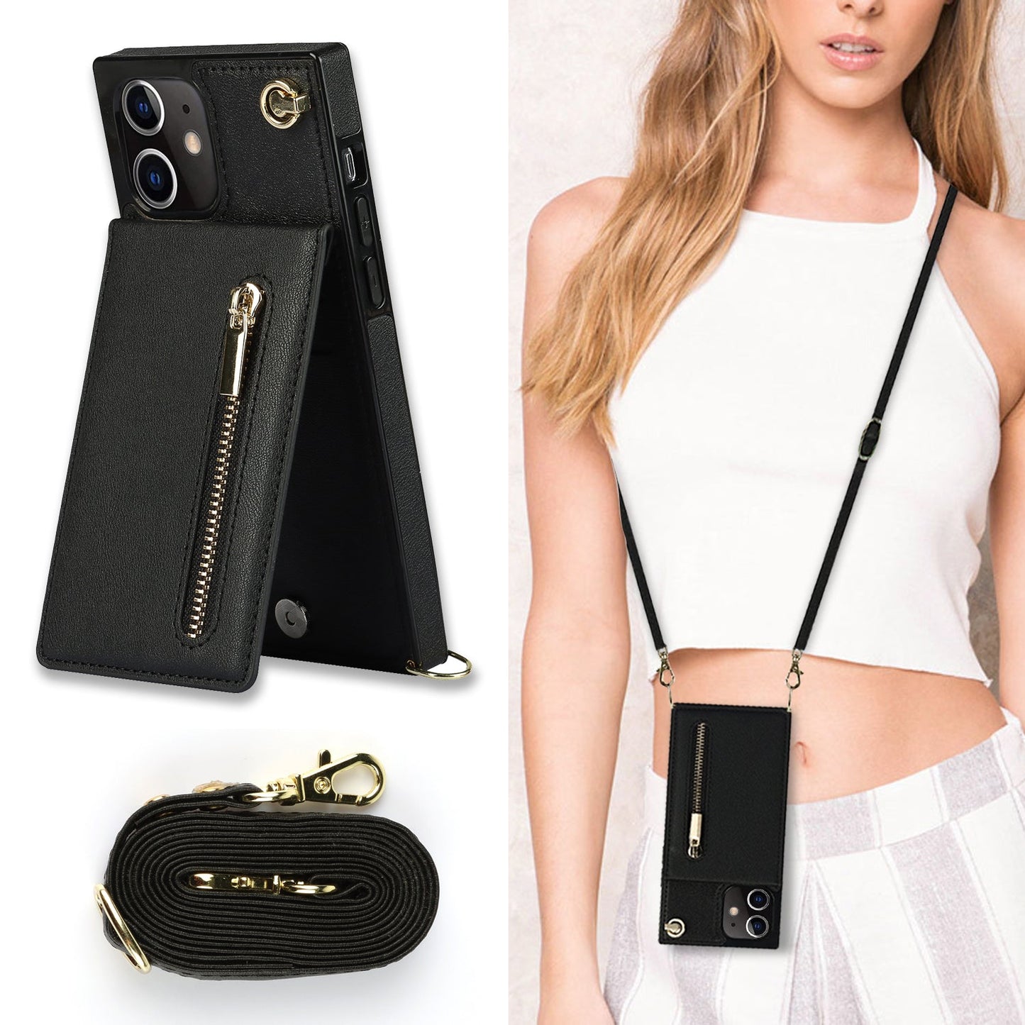 Nouvel étui de téléphone avec portefeuille zippé et bandoulière pour iPhone