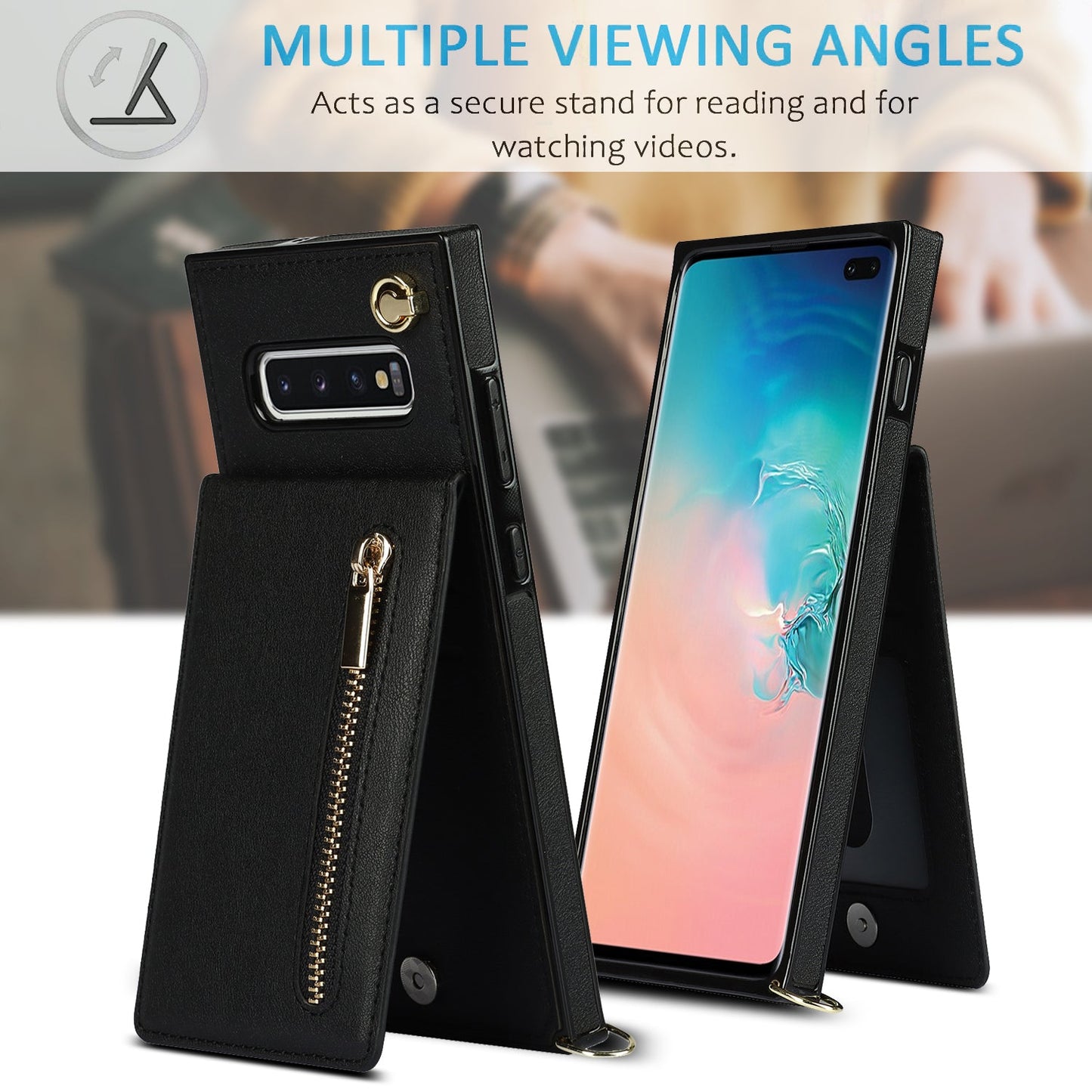 Nouvel étui de téléphone portefeuille à fermeture éclair bandoulière pour Samsung S10