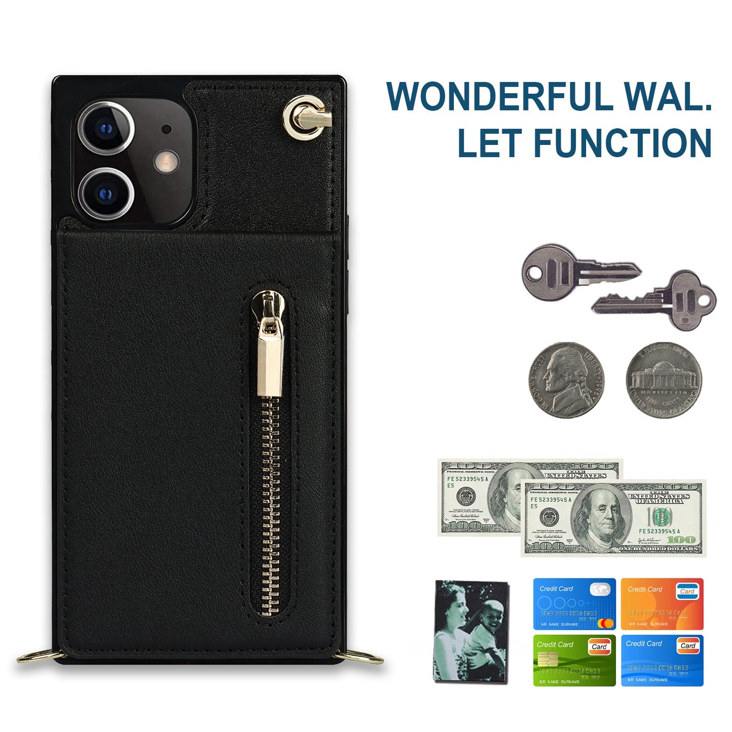 Nouvel étui de téléphone avec portefeuille zippé et bandoulière pour iPhone