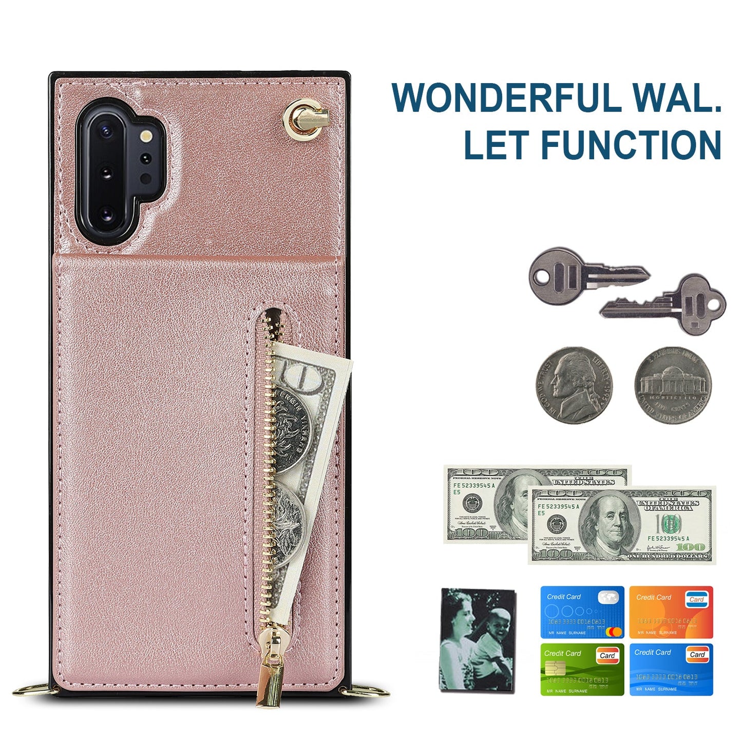 Nouvel étui de téléphone portefeuille à fermeture éclair bandoulière pour Samsung Note10 Plus