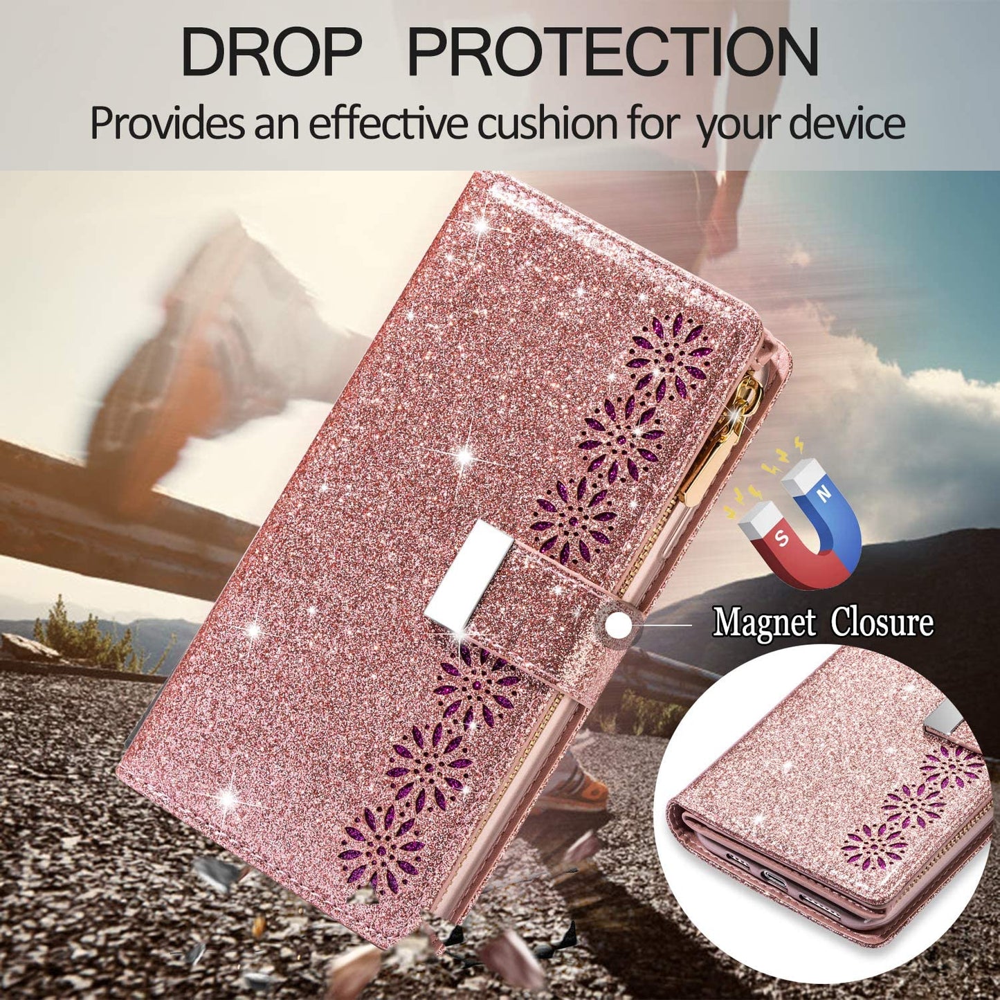 Glitzernde, funkelnde, mädchenhafte Bling-Leder-Klapphülle für die Samsung S21 Serie