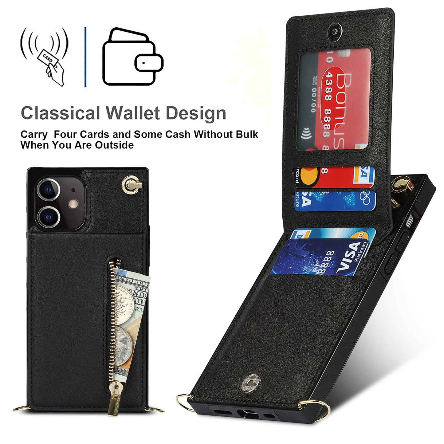 Nouvel étui de téléphone avec portefeuille zippé et bandoulière pour iPhone