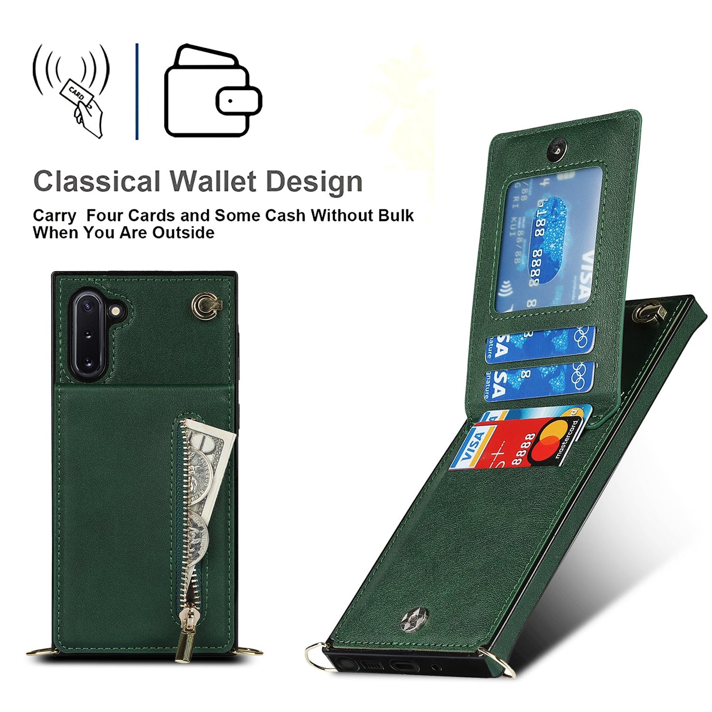 Nouvel étui de téléphone portefeuille à fermeture éclair en bandoulière pour Samsung Note10