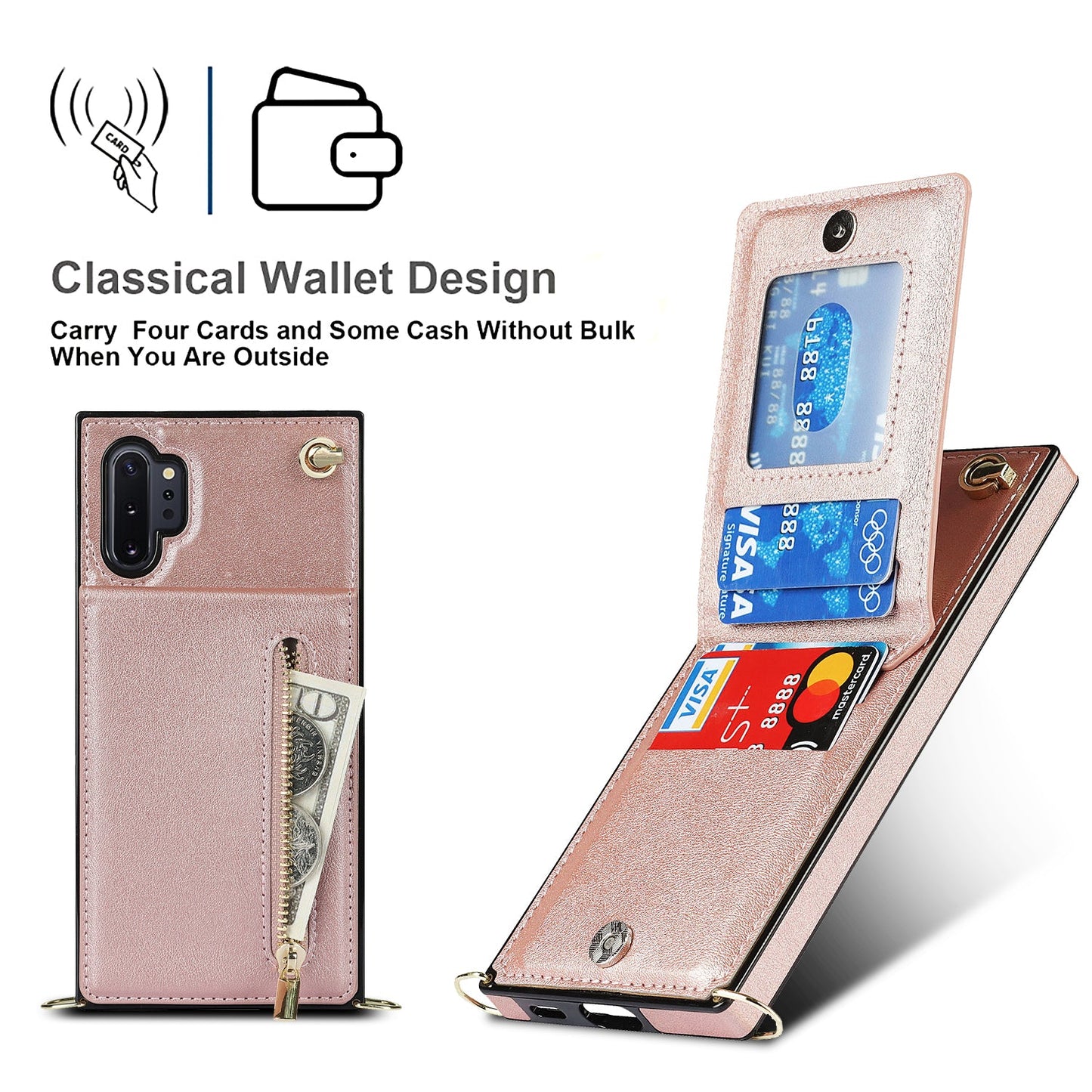 Nouvel étui de téléphone portefeuille à fermeture éclair bandoulière pour Samsung Note10 Plus