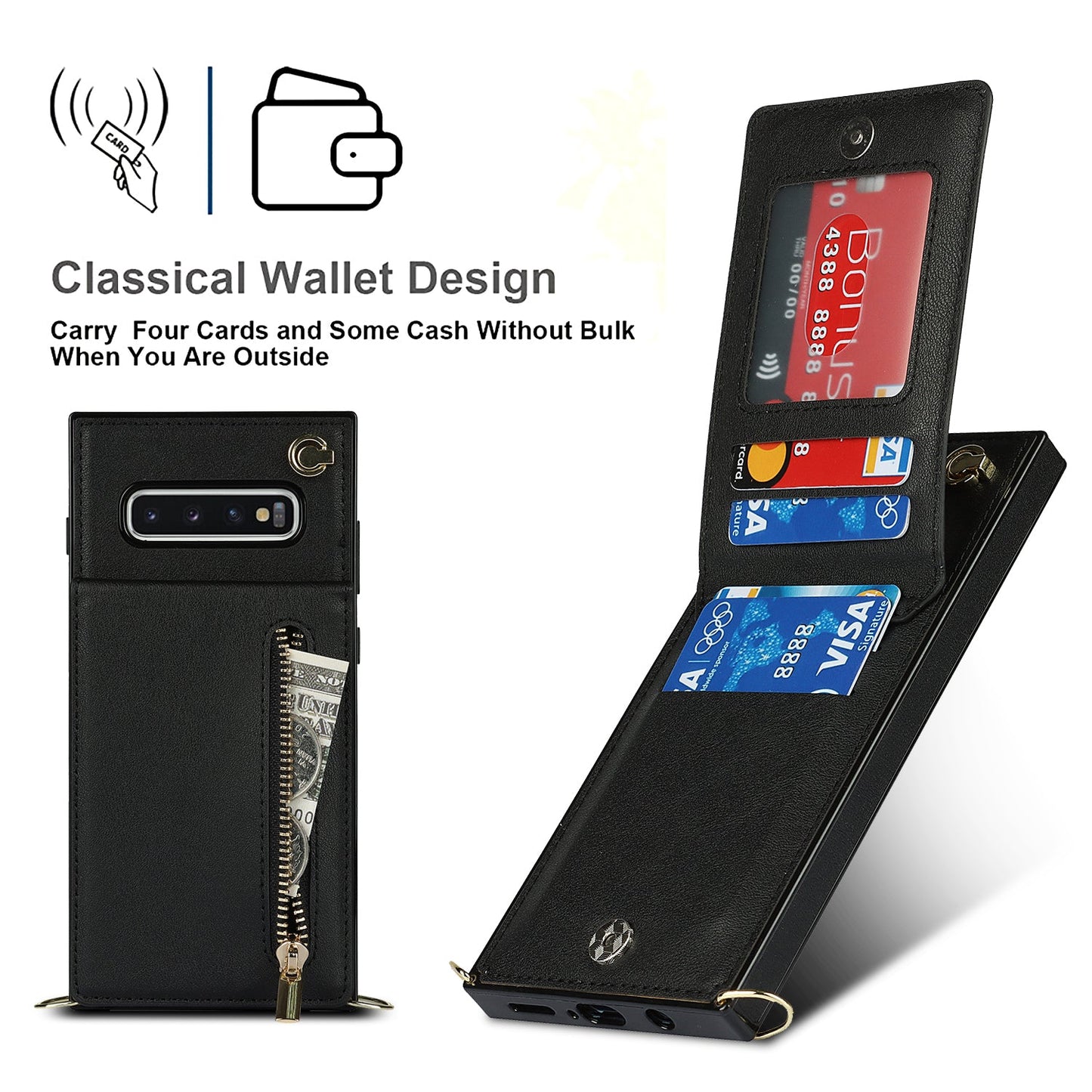 Nouvel étui portefeuille croisé zippé pour téléphone Samsung S10 Plus