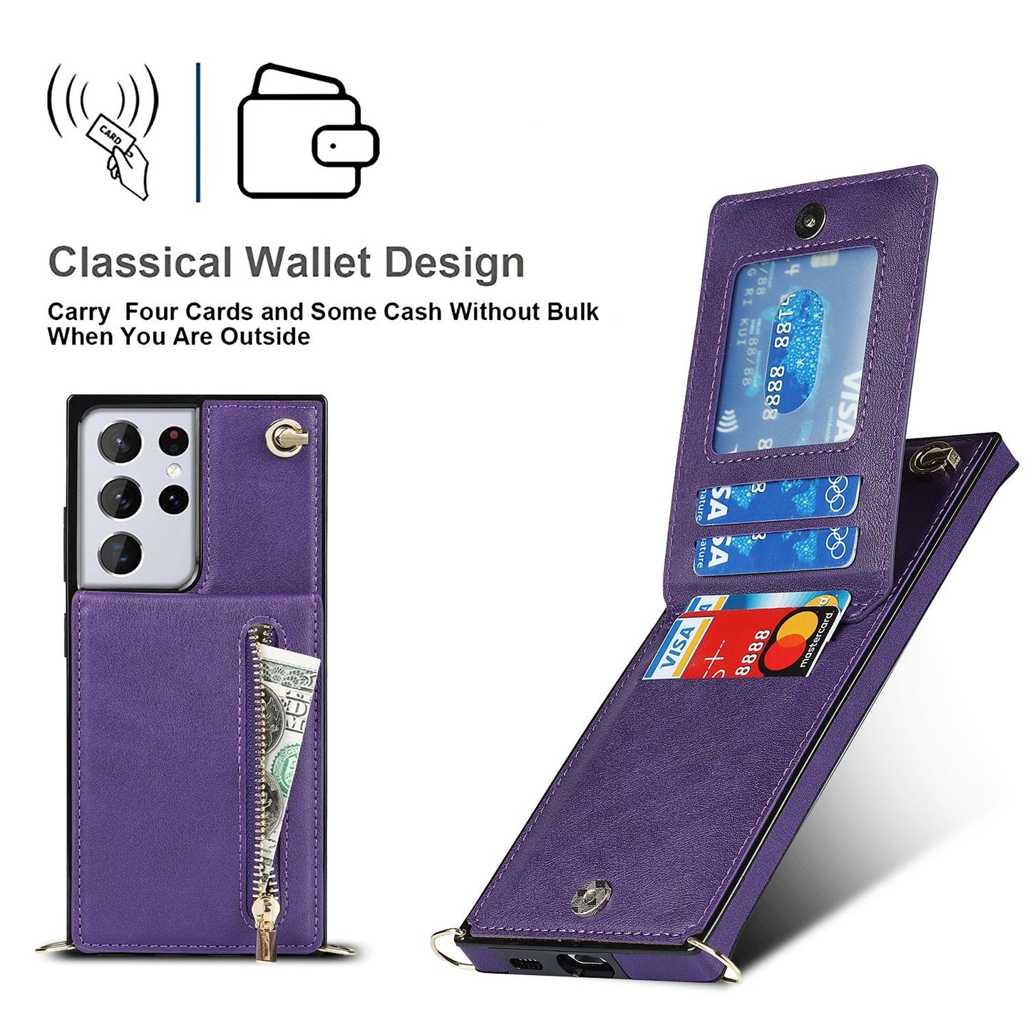 Neue Umhänge-Reißverschluss-Brieftaschen-Handyhülle für die Samsung S21 Serie