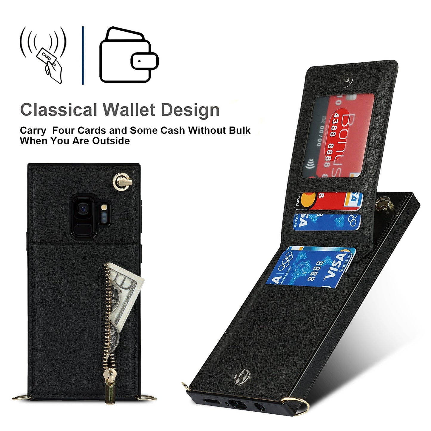 Neue Umhänge-Reißverschluss-Brieftaschen-Handyhülle für Samsung S9