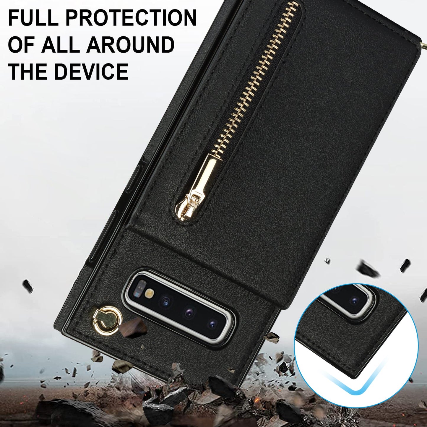Nouvel étui de téléphone portefeuille à fermeture éclair bandoulière pour Samsung S10