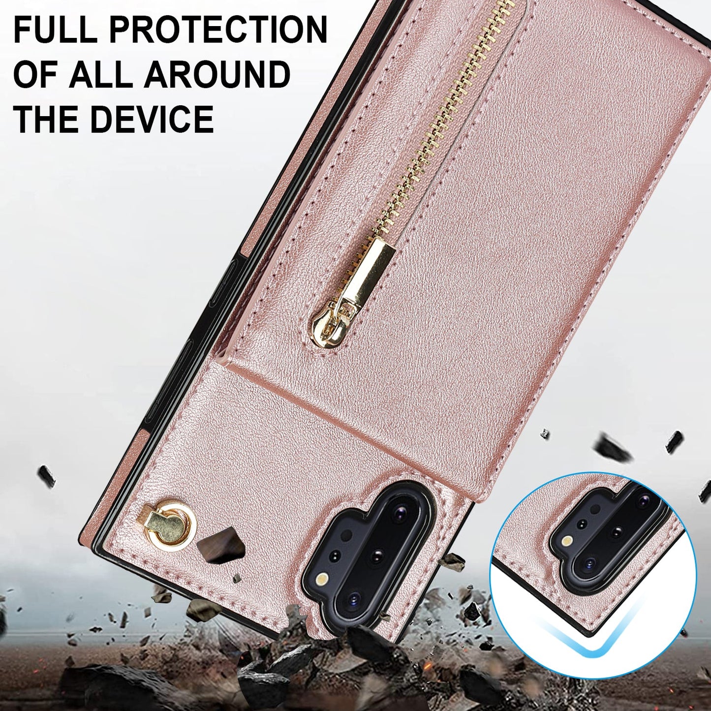 Nouvel étui de téléphone portefeuille à fermeture éclair bandoulière pour Samsung Note10 Plus