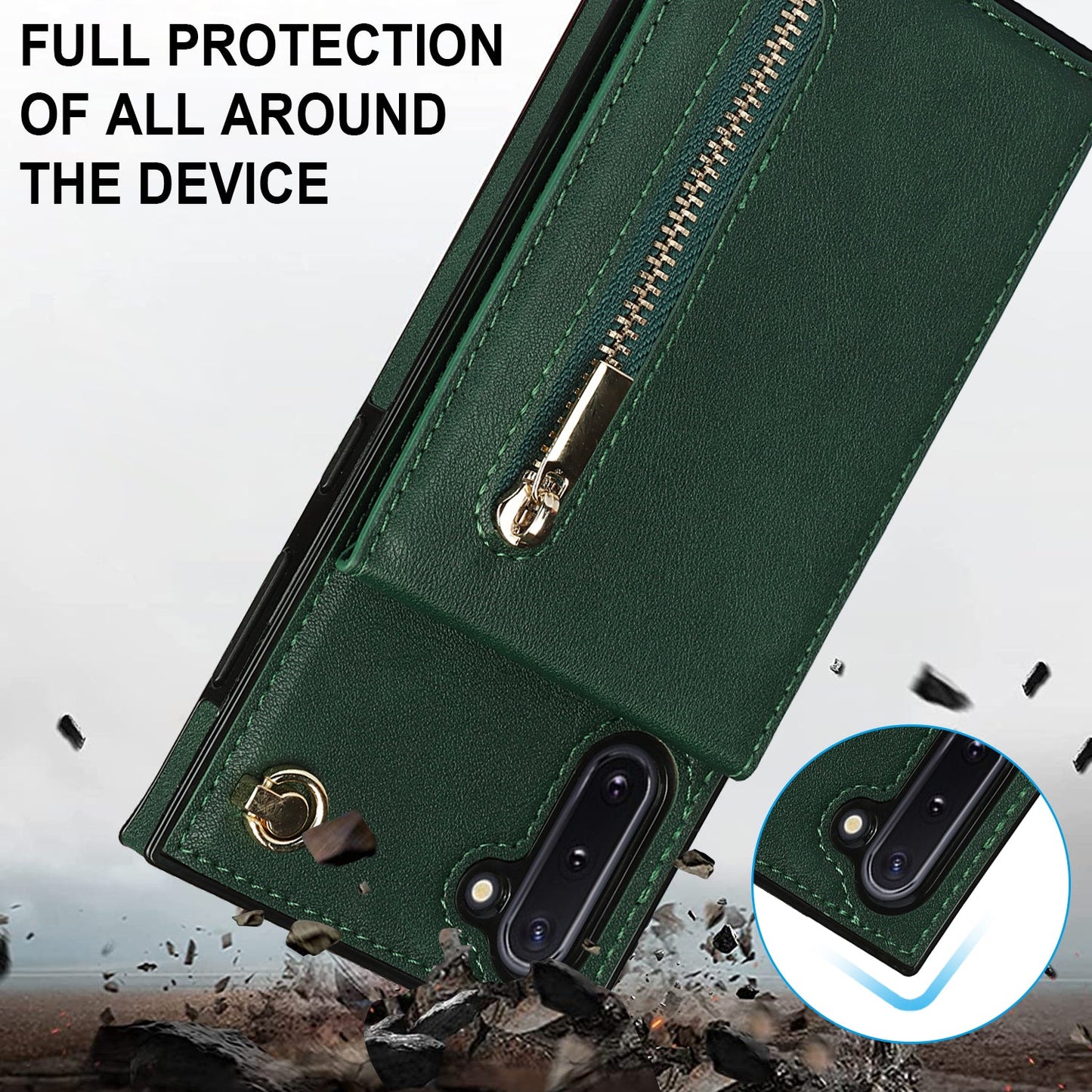 Nouvel étui de téléphone portefeuille à fermeture éclair en bandoulière pour Samsung Note10