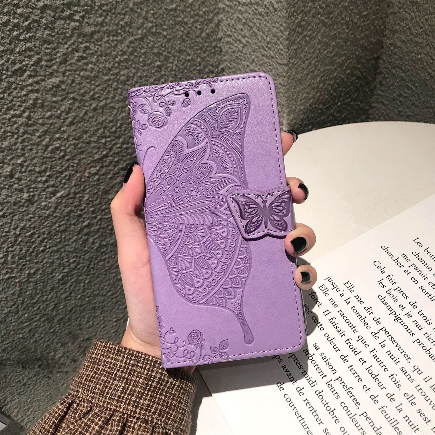 Étui portefeuille de luxe en cuir gaufré papillon pour Samsung série A
