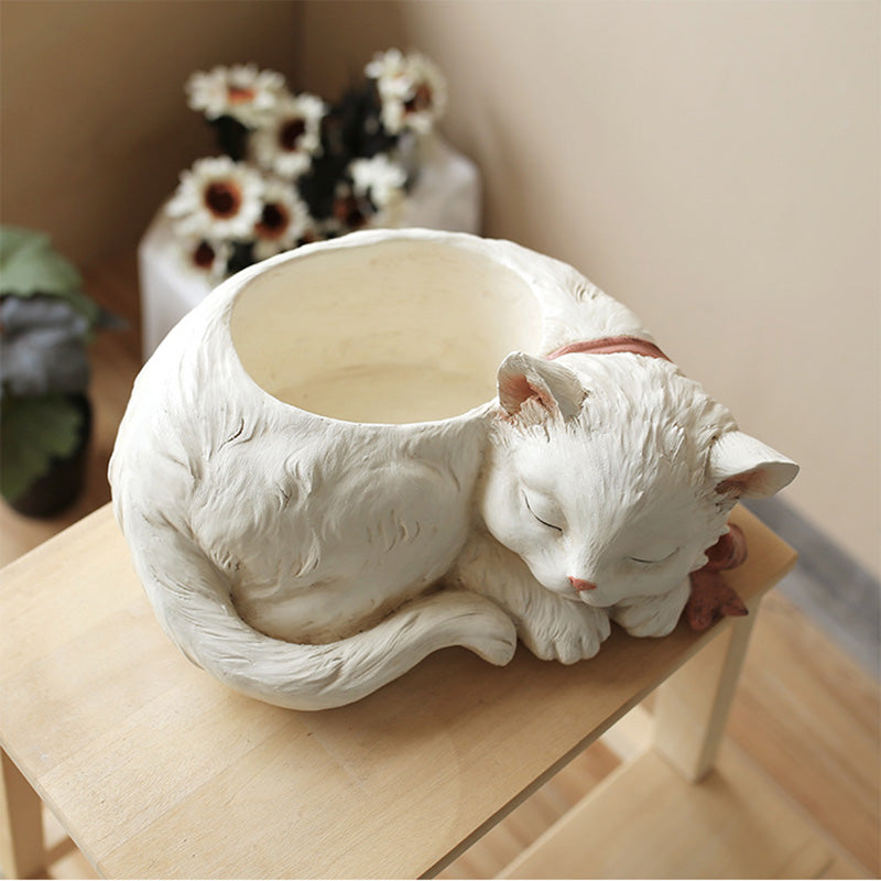 Creative Bonsai Cute White Cat Resin  Flower Pot