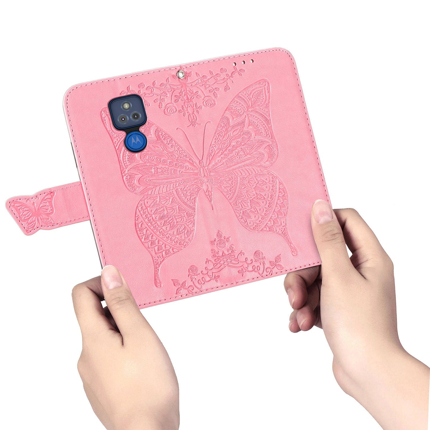 Luxury Étui Portefeuille en Cuir Gaufré Papillon pour MOTO G Play 2021