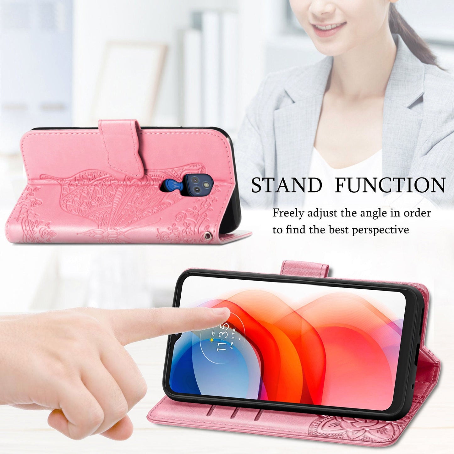 Luxury Étui Portefeuille en Cuir Gaufré Papillon pour MOTO G Play 2021