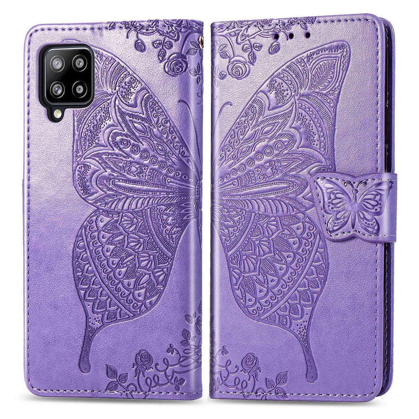 Étui portefeuille de luxe en cuir gaufré papillon pour Samsung A42 5G