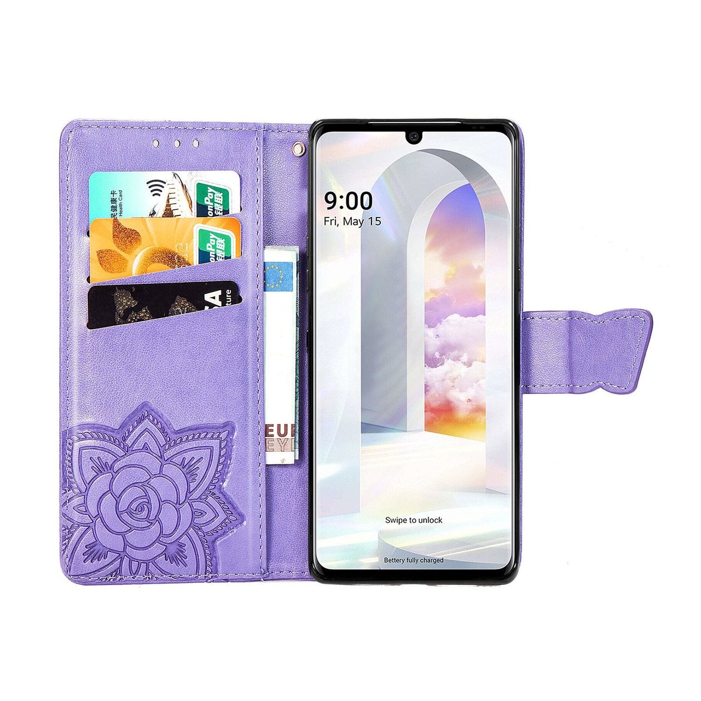 Étui portefeuille en cuir gaufré de luxe avec papillon pour LG Velvet