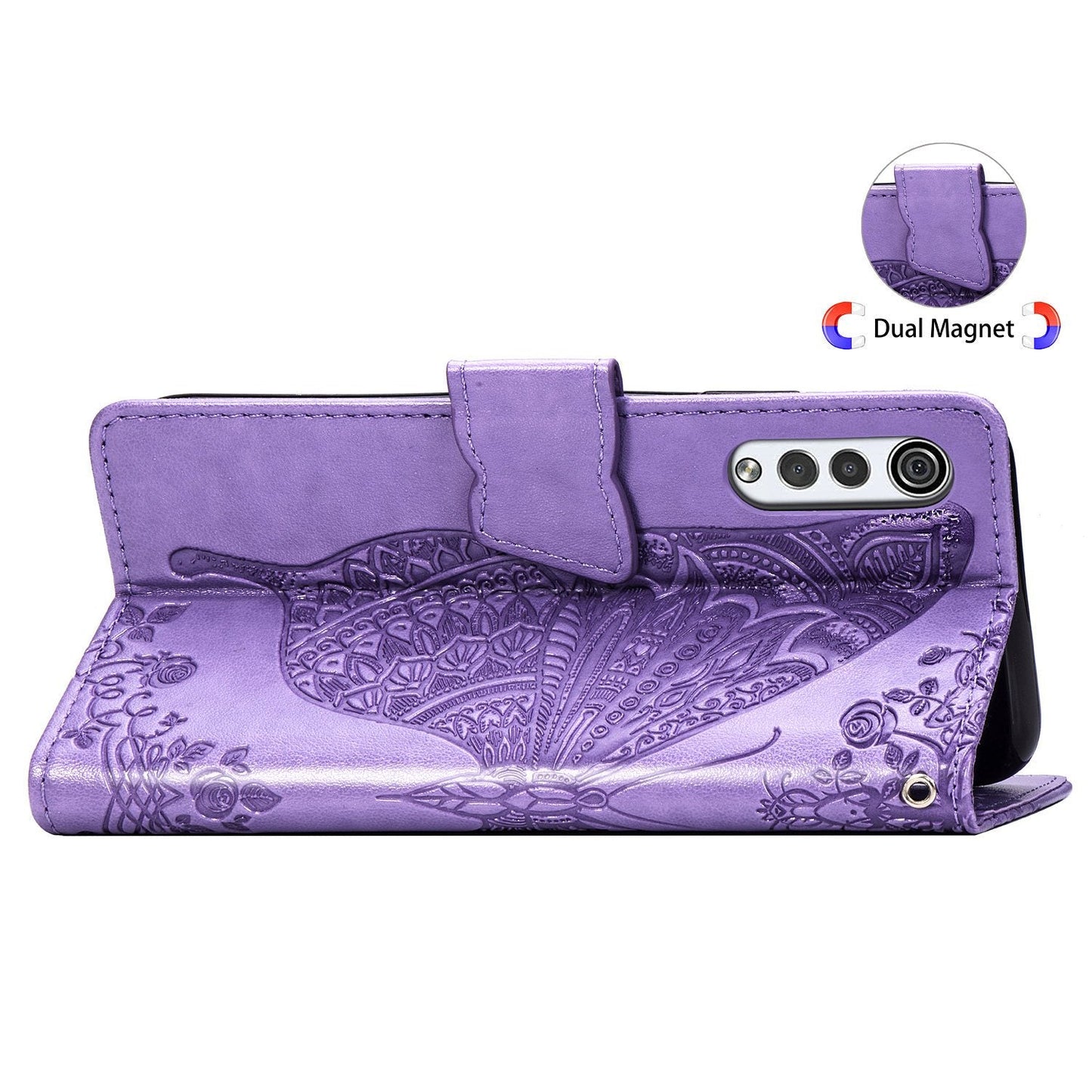 Étui portefeuille en cuir gaufré de luxe avec papillon pour LG Velvet