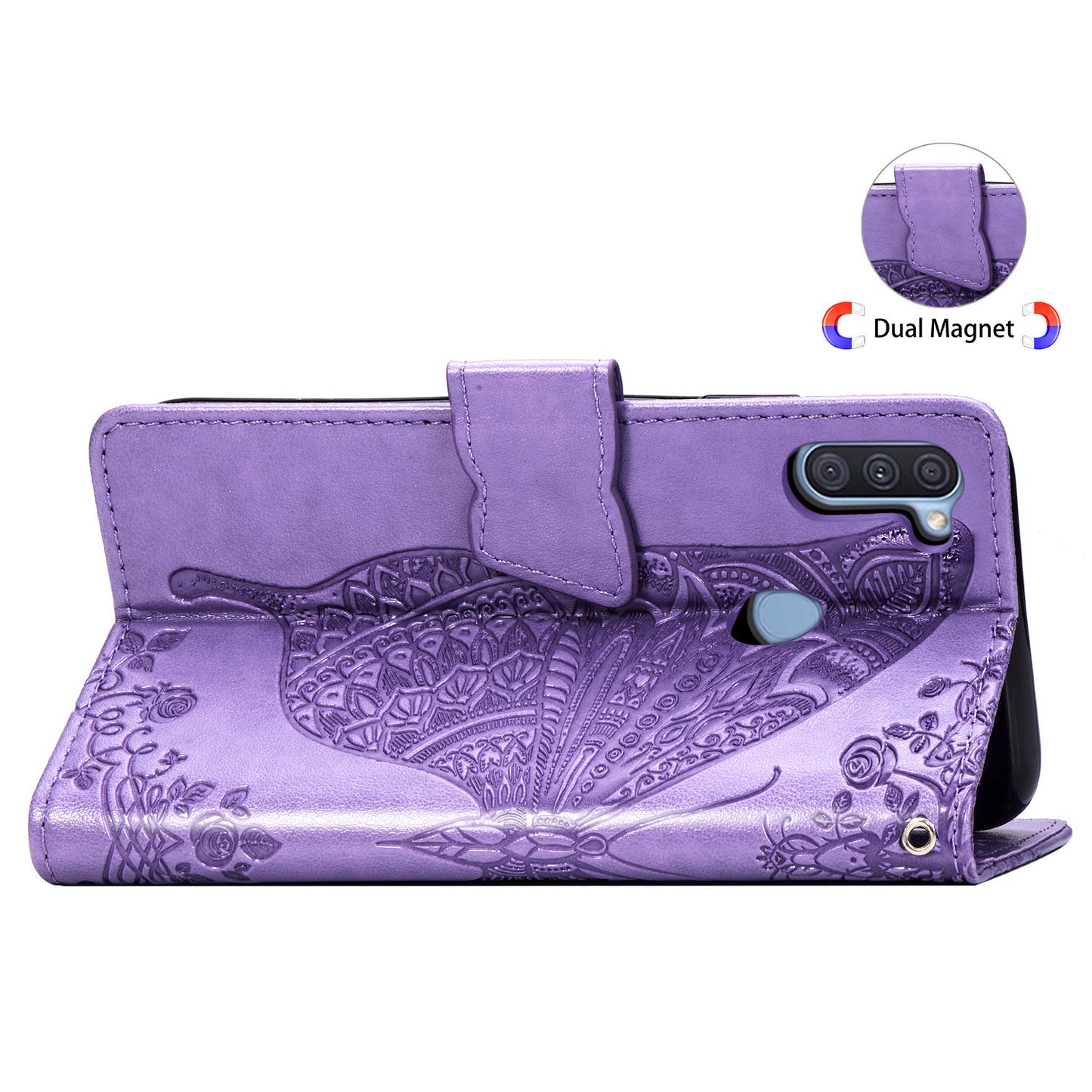 Étui portefeuille en cuir gaufré de luxe avec motif papillon pour Samsung A11