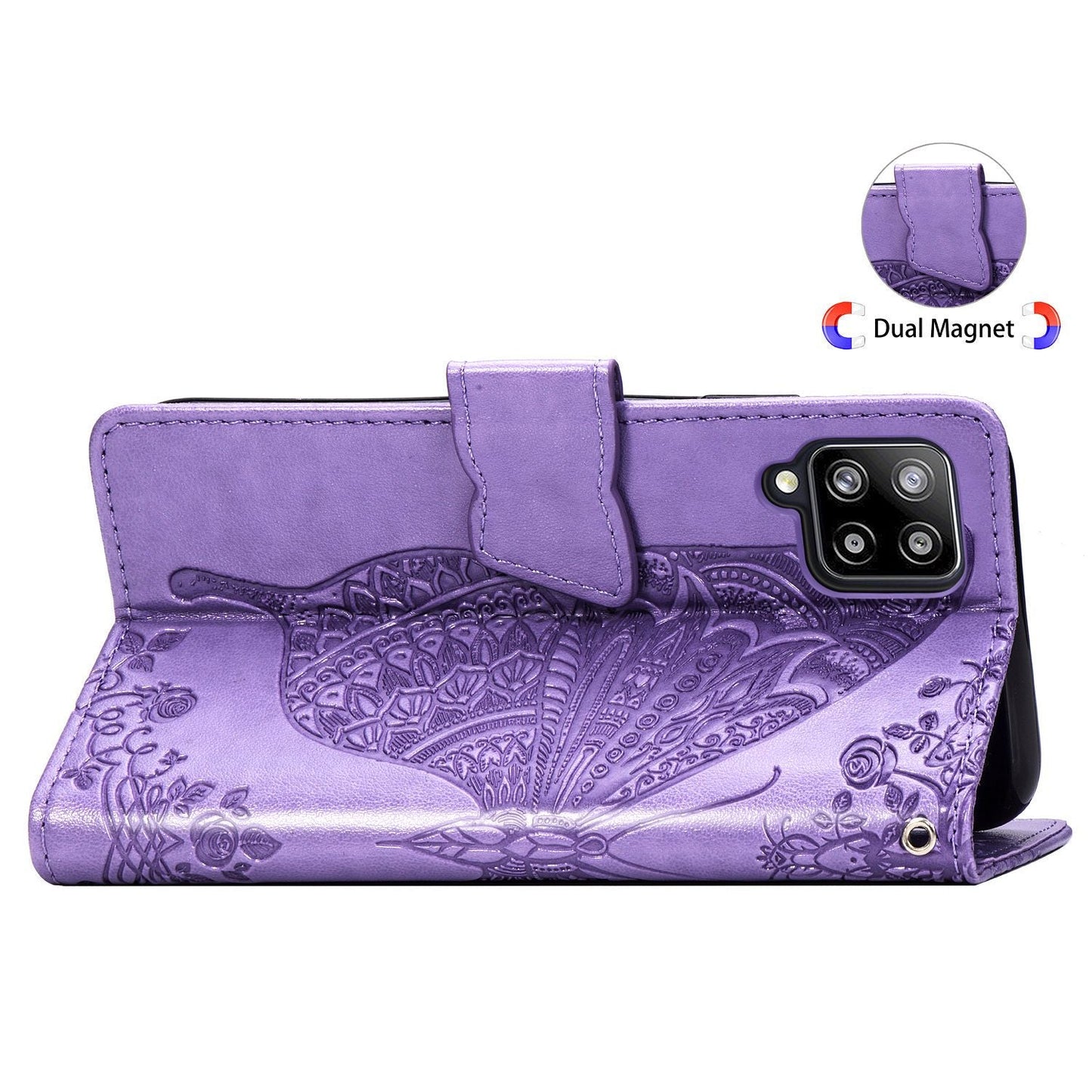 Étui portefeuille de luxe en cuir gaufré papillon pour Samsung A42 5G