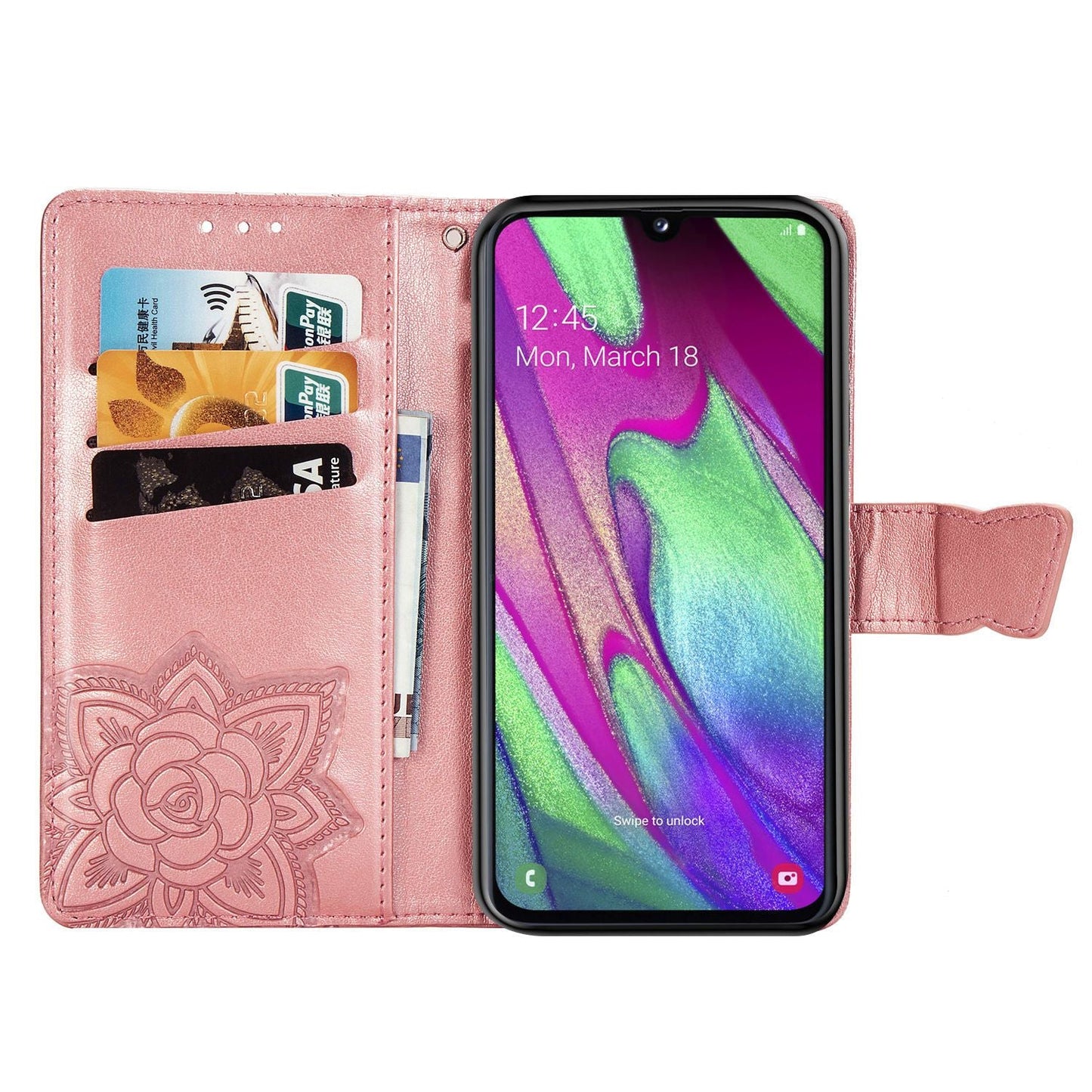Luxuriöse geprägte Schmetterlings-Lederhülle Flip Case für Samsung A40