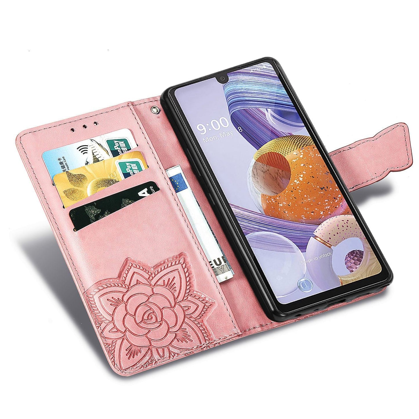 Étui portefeuille en cuir gaufré de luxe avec motif papillon pour LG Stylo 6