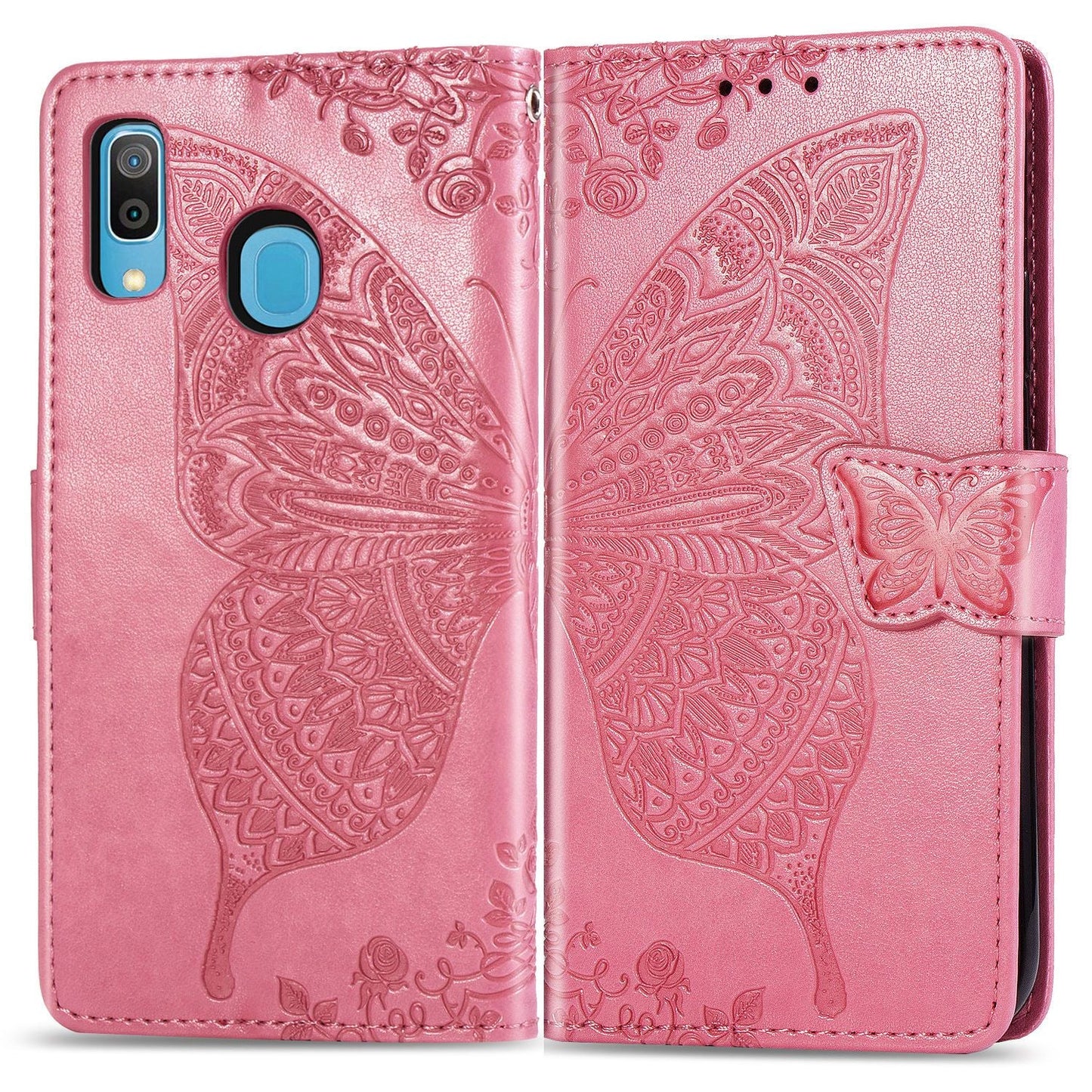 Luxuriöse geprägte Schmetterlings-Lederhülle mit Brieftaschenfunktion für Samsung A20