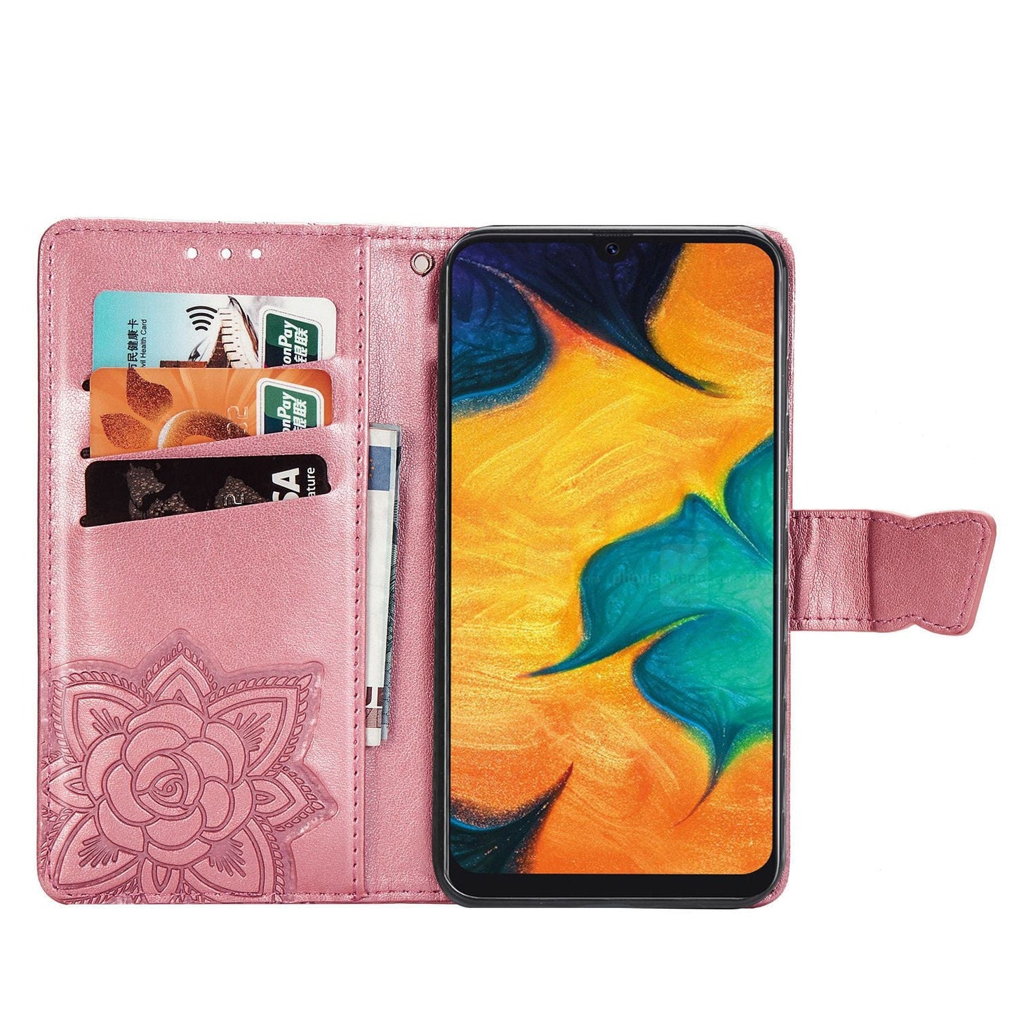 Luxuriöse geprägte Schmetterlings-Lederhülle mit Brieftaschenfunktion für Samsung A20