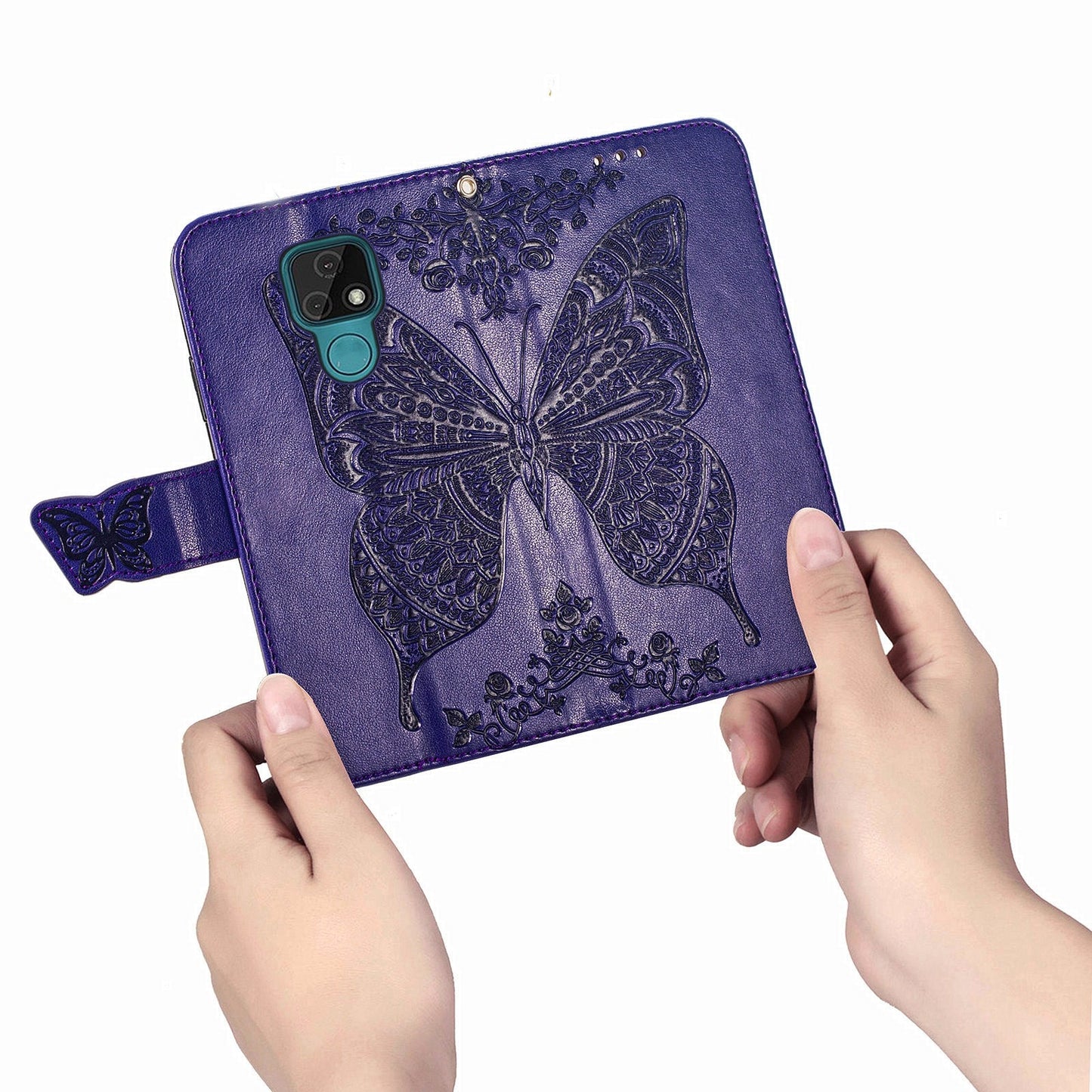 Luxuriöse geprägte Schmetterlings-Lederhülle mit Brieftasche für MOTO E7
