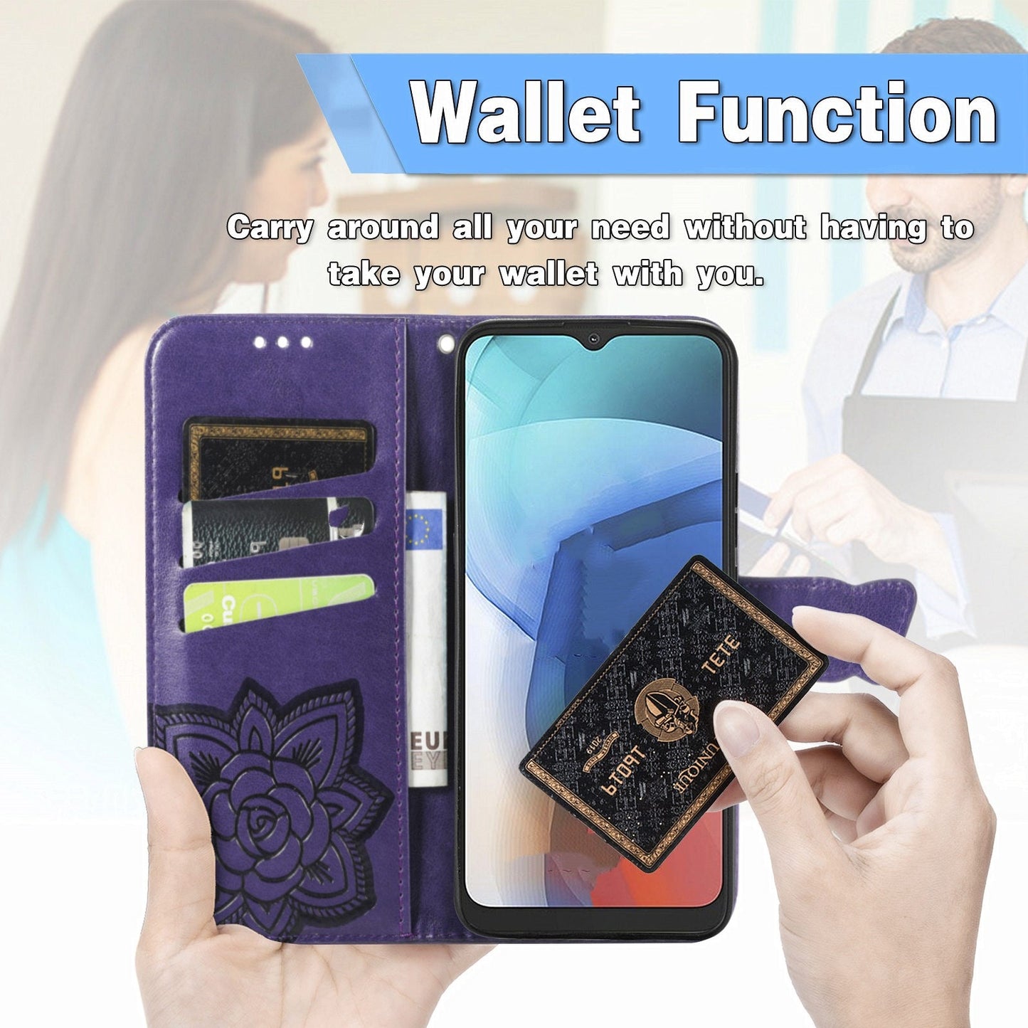 Luxuriöse geprägte Schmetterlings-Lederhülle mit Brieftasche für MOTO E7