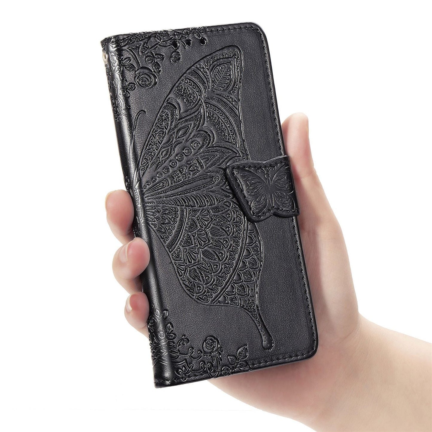 Étui portefeuille en cuir gaufré de luxe avec papillon pour LG Velvet