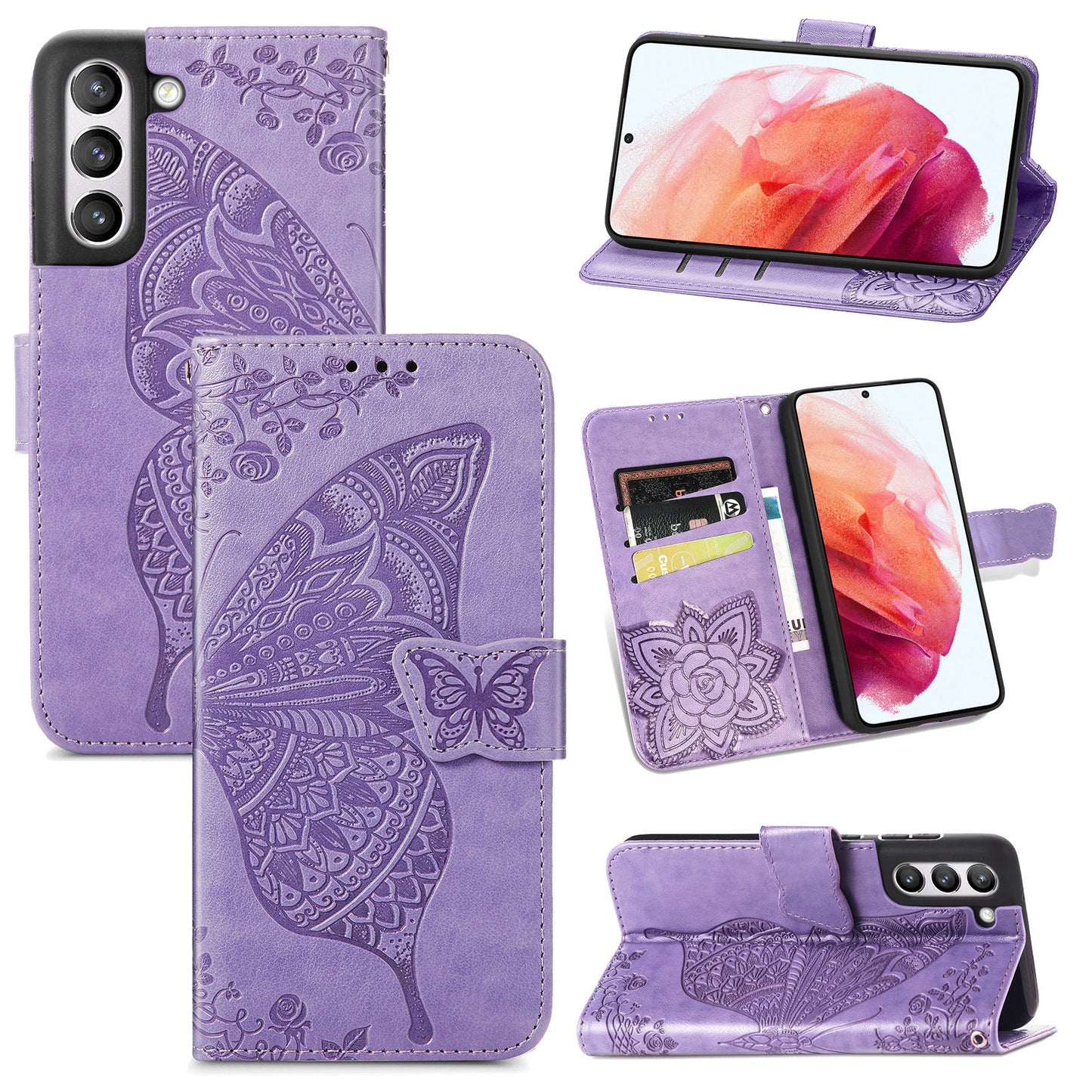 Luxuriöses geprägtes Schmetterlings-Leder-Brieftaschen-Flipcase für Samsung Galaxy S21FE