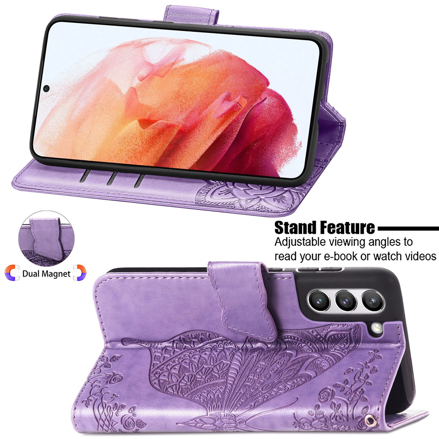 Luxuriöses geprägtes Schmetterlings-Leder-Brieftaschen-Flipcase für Samsung Galaxy S21FE