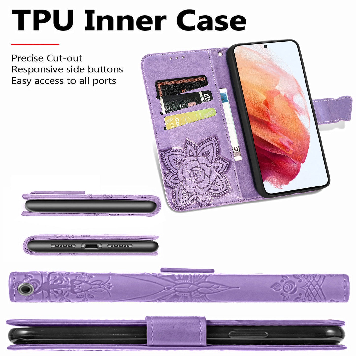 Luxuriöses geprägtes Schmetterlings-Leder-Brieftaschen-Flipcase für Samsung Galaxy S21FE