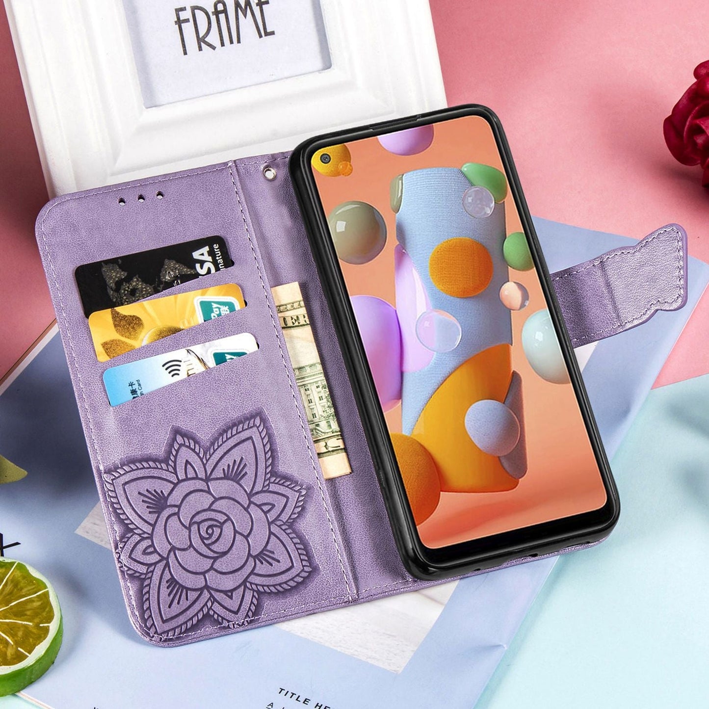 Étui portefeuille de luxe en cuir gaufré papillon pour Samsung série A