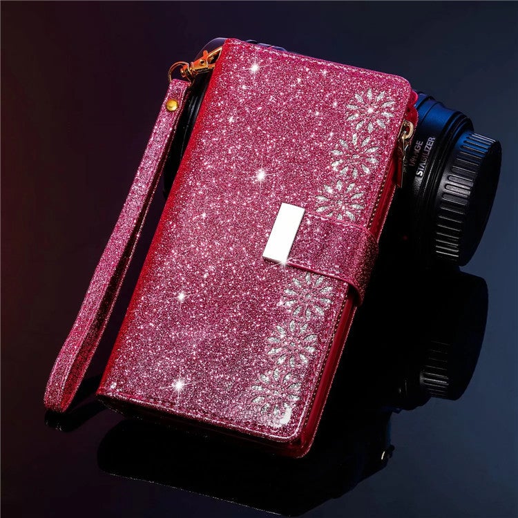 Glitzernde, funkelnde, mädchenhafte Bling-Leder-Klapphülle für die Samsung S21 Serie