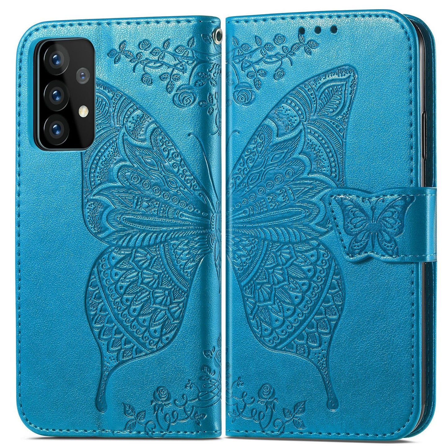 Étui portefeuille en cuir gaufré de luxe avec papillon pour Samsung A52 5G