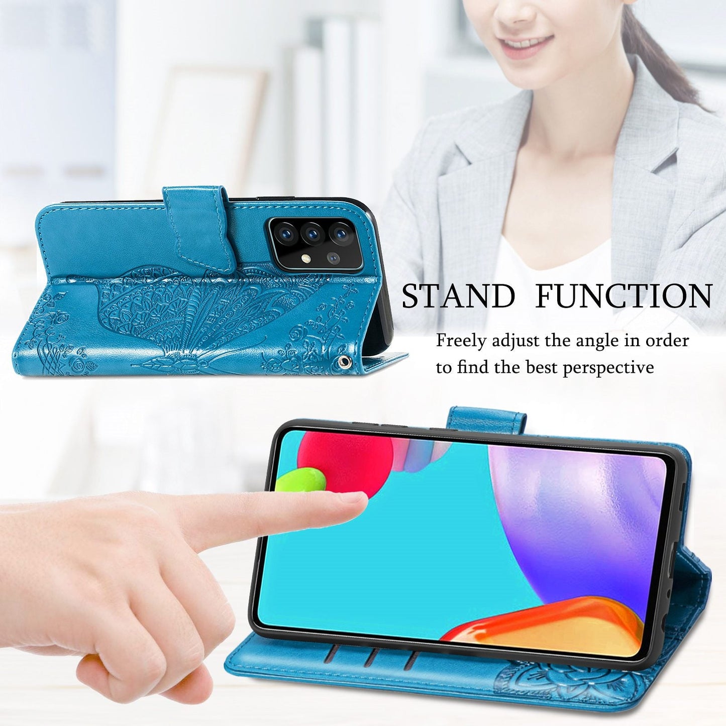 Étui portefeuille en cuir gaufré de luxe avec papillon pour Samsung A52 5G