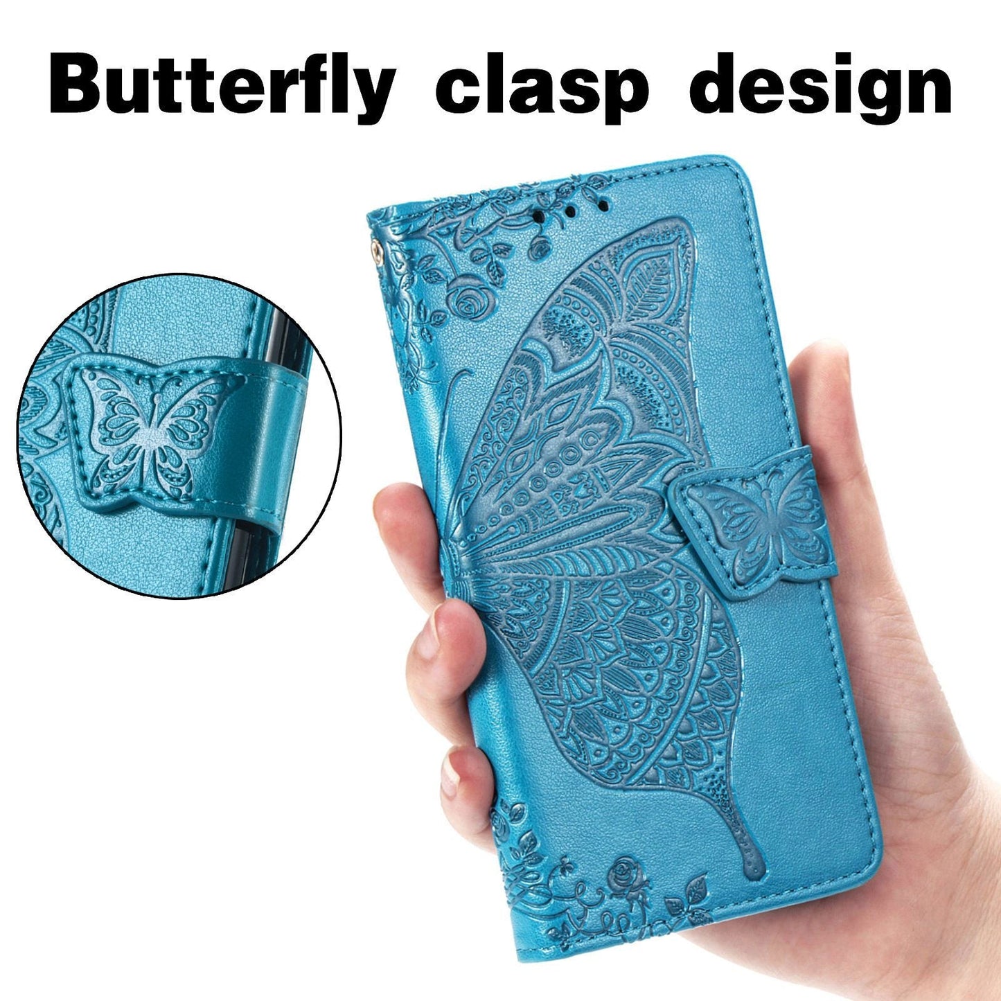 Étui portefeuille en cuir gaufré de luxe avec motif papillon pour Samsung A72 5G